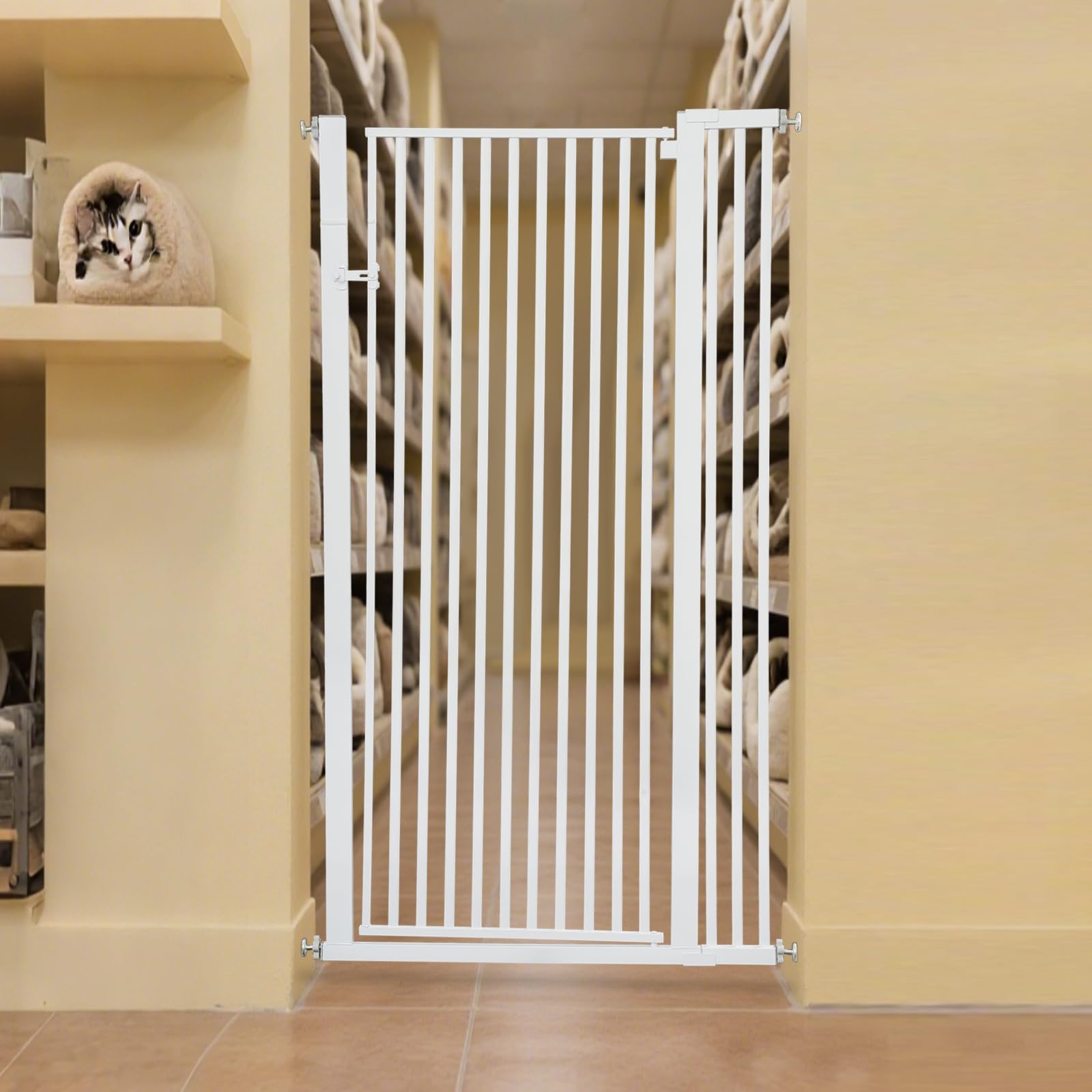 Barrera de seguridad para escaleras para niños, rejilla de puerta de 150 cm para gatos, rejilla de puerta sin perforación para bebés, gatos y perros | Ancho: 90-97 cm | Gira a ambos lados (270°