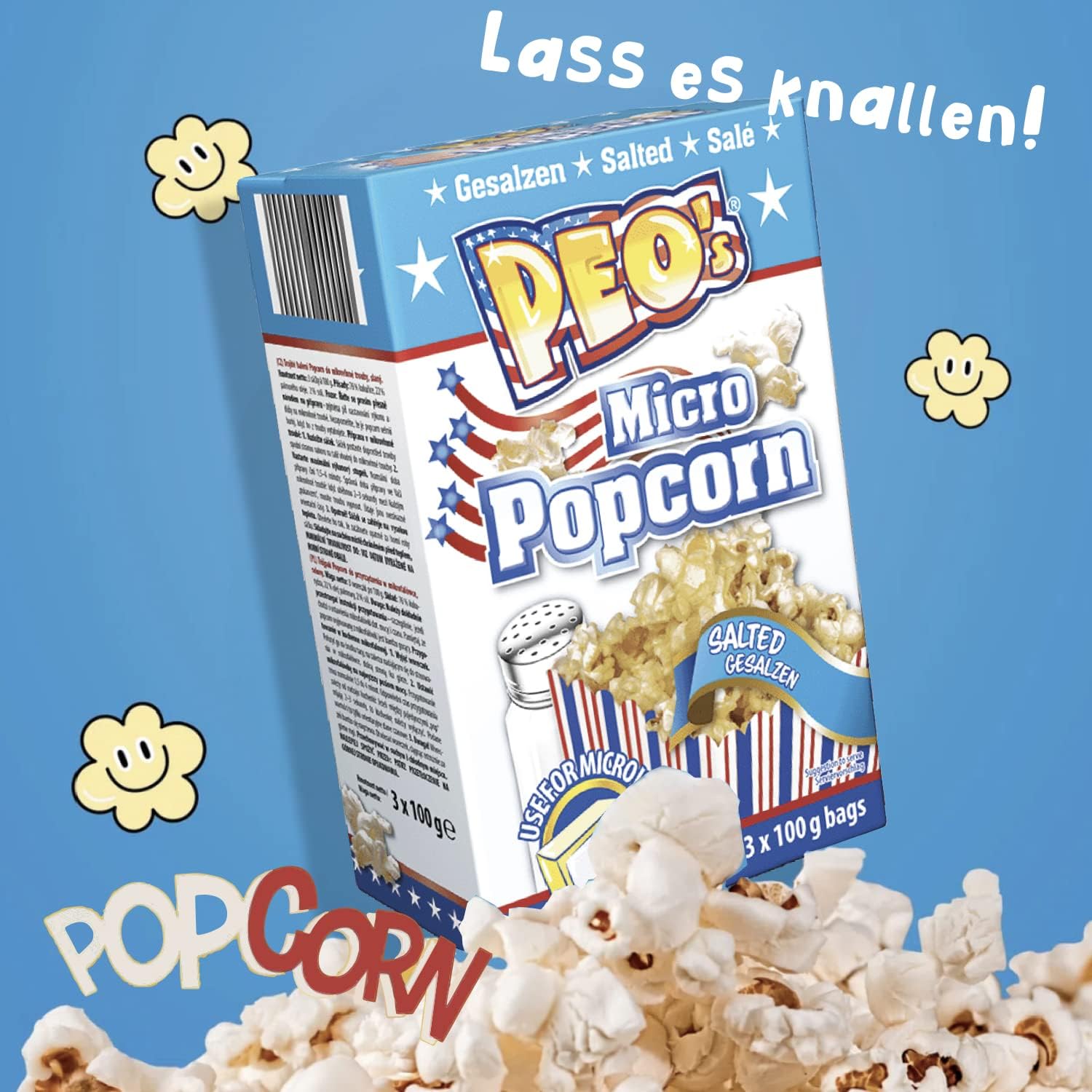 Peo's Lot de 72 boîtes de pop-corn au micro-ondes salé/salé - 24 boîtes de 100 g de contenu - Bonbons au maïs pop-corn pour le carnaval, les fêtes, les snacks au cinéma, etc