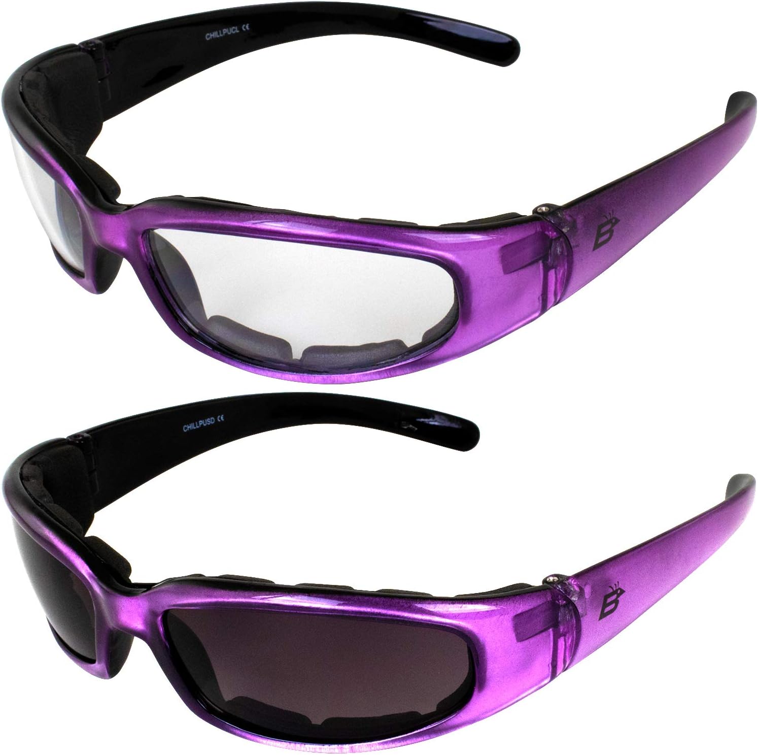 BirdzBirdz 2 Pairs of Eyewear Chill Women's Motorcycle Sunglasses, Padded Purple Frames Clear & Super Dark Lenses, Motorcycle Accessories
