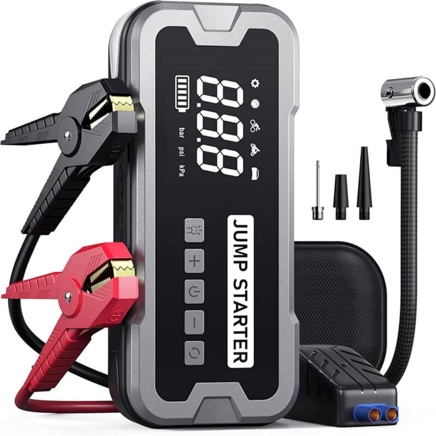 4-in-1 3000 A Portable Car Battery Jump Starter with 150 PSI Air Compressor, 24000 mAh Power Bank, 3 Modes Flashlight - Starts Gas up to 9.0 L and Diesel up to 8.0 L