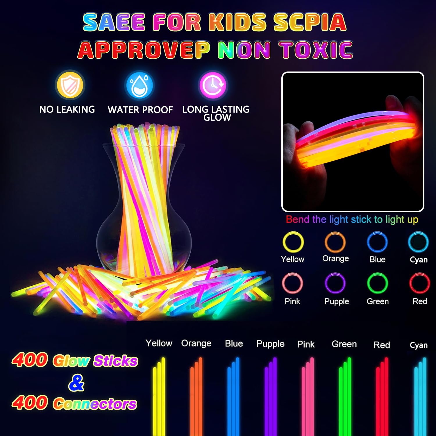 400 varillas brillantes a granel, pulseras iluminadas de neón y collares brillantes con conectores, palos que brillan en la oscuridad, Pascua, Navidad, paquete de suministros de fiesta de Halloween