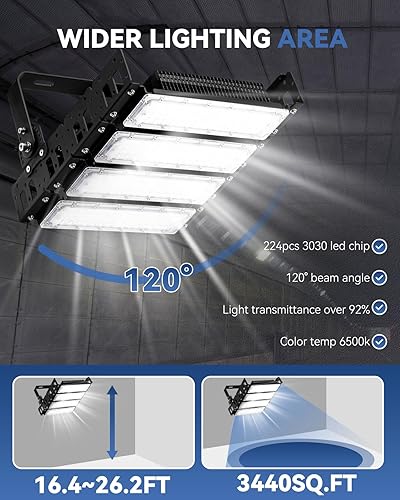 Miniatura 10 de Hanchen Luz LED para estadio de 300 W, luz de inundación 48000LM 6500K, luz de estadio AC85-305V, luz de inundación de estadio IP66, accesorio de