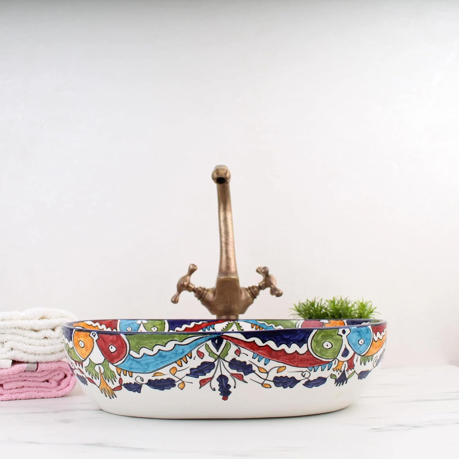 Handmade Oval Ceramic Vessel Sink for Bathroom Vanity – 16'' Hand Painted Countertop Above Counter Lavatory Basin, Artisanal Farmhouse Decorative Cabinet Sink