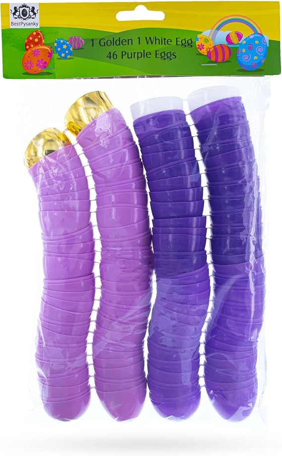 BestPysanky Purple Plastic Easter Eggs, 46 Count, 1 White + 1 Gold, Fillable, Modern Style