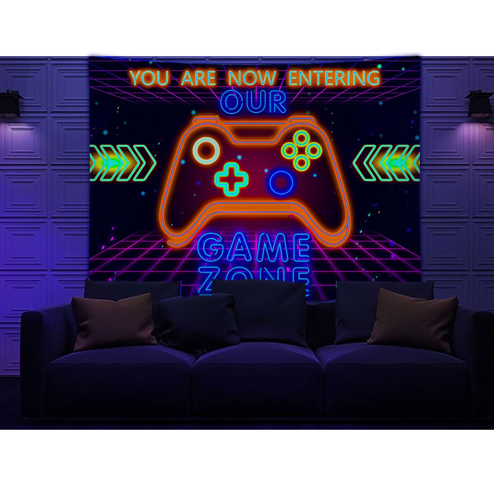 Lacoiime UV Neon Game Tapestry Wall Hangings, Cool Gaming Video Gamepad Hippie Tapestries, Funny Colorful Teen Boys Kids Room Bedroom Dorm Playroom Room Decor Theme Tapestry,90 X 70 IN