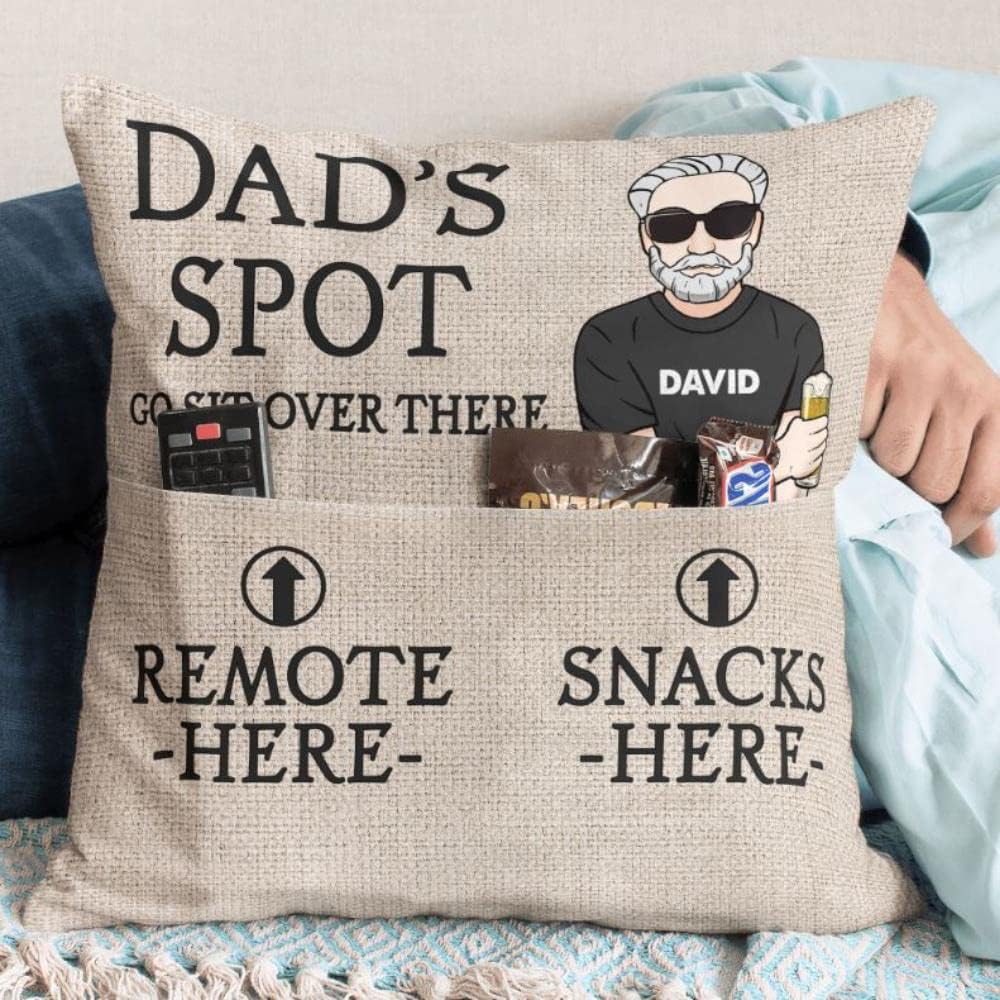 Dad's Spot - Personalized Pocket Pillow, Gifts for Dad from Daughter Wife Son, 2-Pocket Dad’s Spot Throw Pillow Covers + Keychain Bottle Opener, Birthday Christmas Thanksgiving Day Gifts for Papa