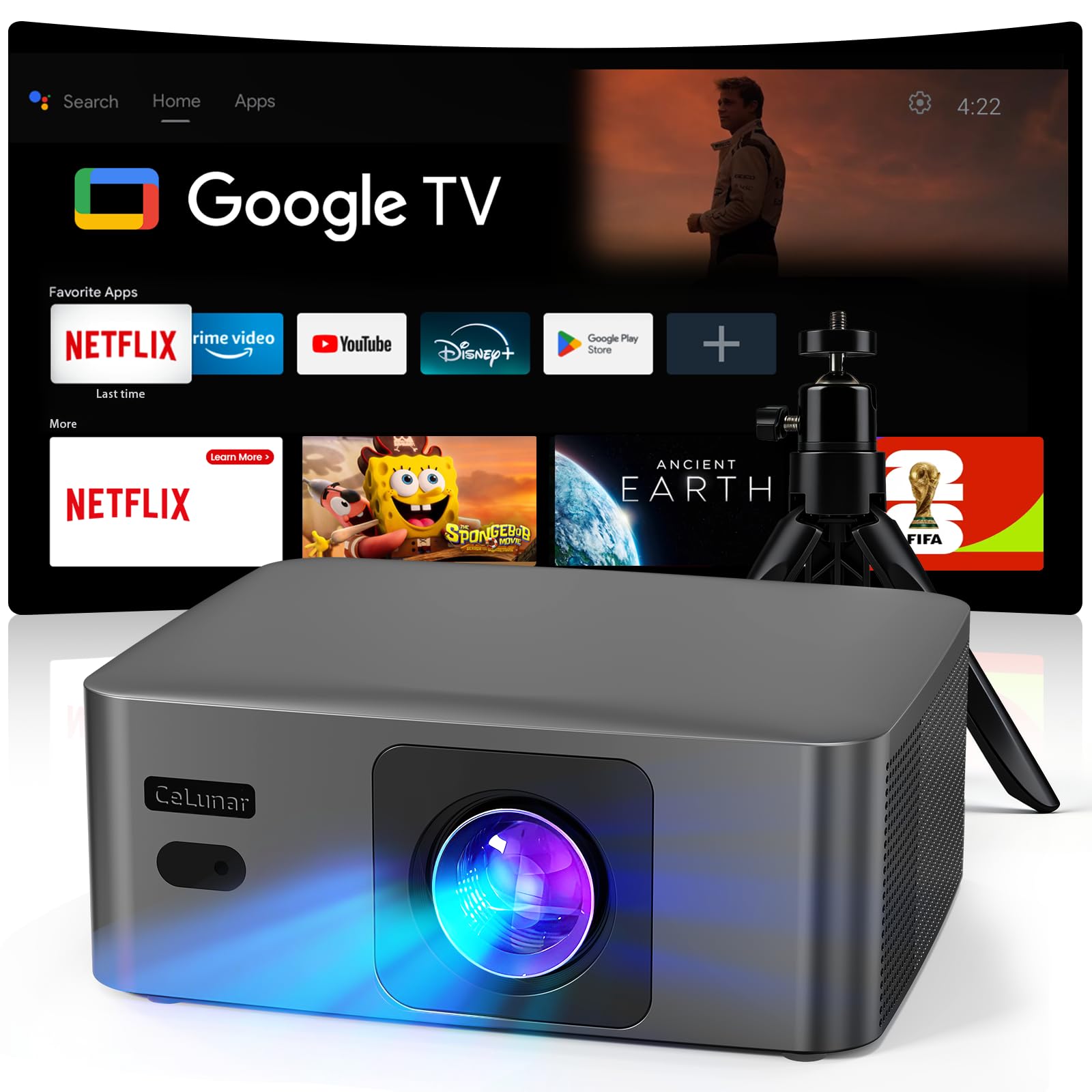 [Officially Licensed App] CeLunar Smart Mini Projector with WiFi and Bluetooth, 4K Support Home Theater, Compatible with NETFLIX/Prime Video/YouTube,
