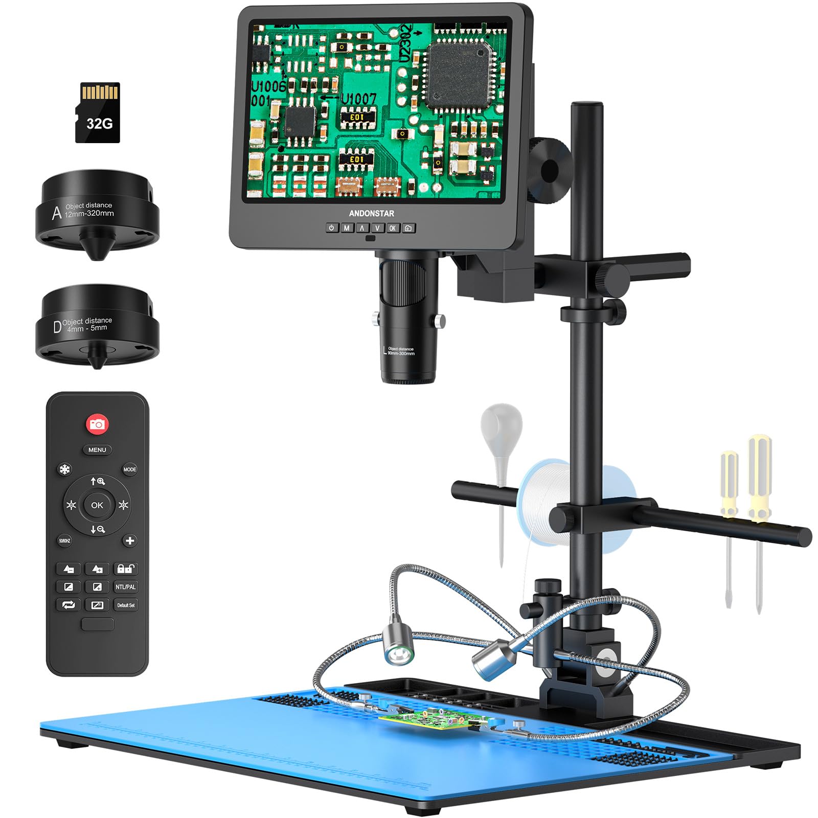 AndonstarAD249S-Max 10.1'' HDMI Digital Microscope with Super Max Soldering Station, Helping Hands, 2000X 3 Lens 2160P UHD Video Record, Soldering Microscope for Electronics Repair, Slides, 32GB Card