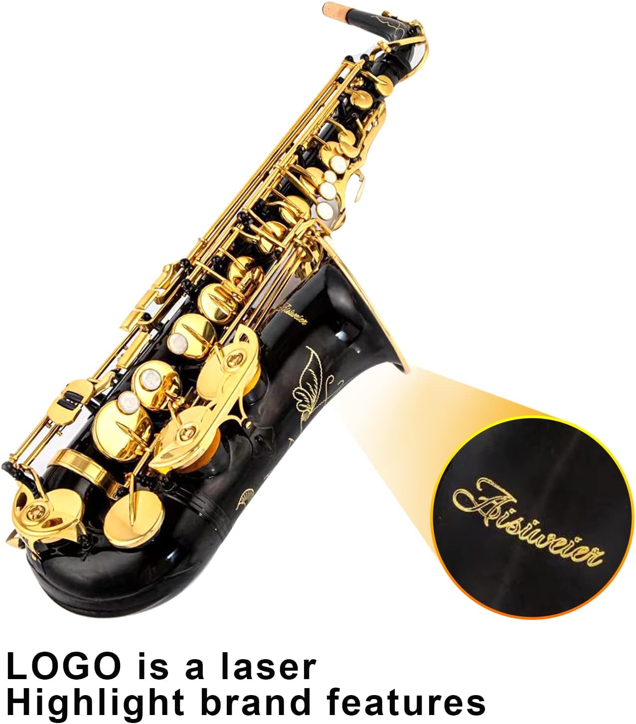 Black/gold keys E Flat Alto Saxophone Brass Engraved Eb E-Flat Natural White Shell Button Wind Instrument with Case Belt Brush (Black/gold keys)
