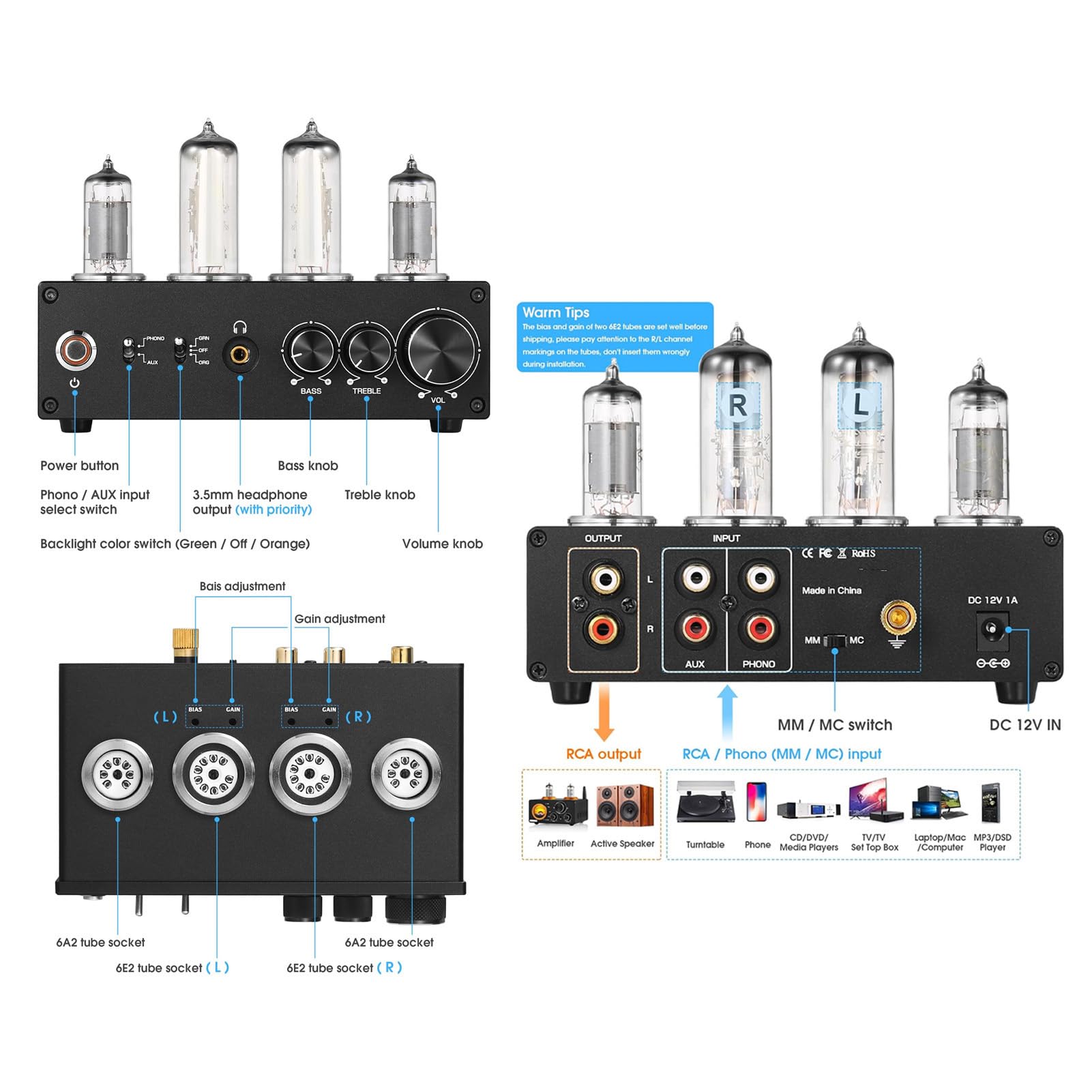 AUNMAS Preamplificatore Fono Valvolare Elettronico, Preamplificatore Audio Stereo HiFi con Jack per Cuffie da 3,5 MM e Controllo dei Bassi Acuti, per Giradischi MM MC (Spina UE 100-240 V)