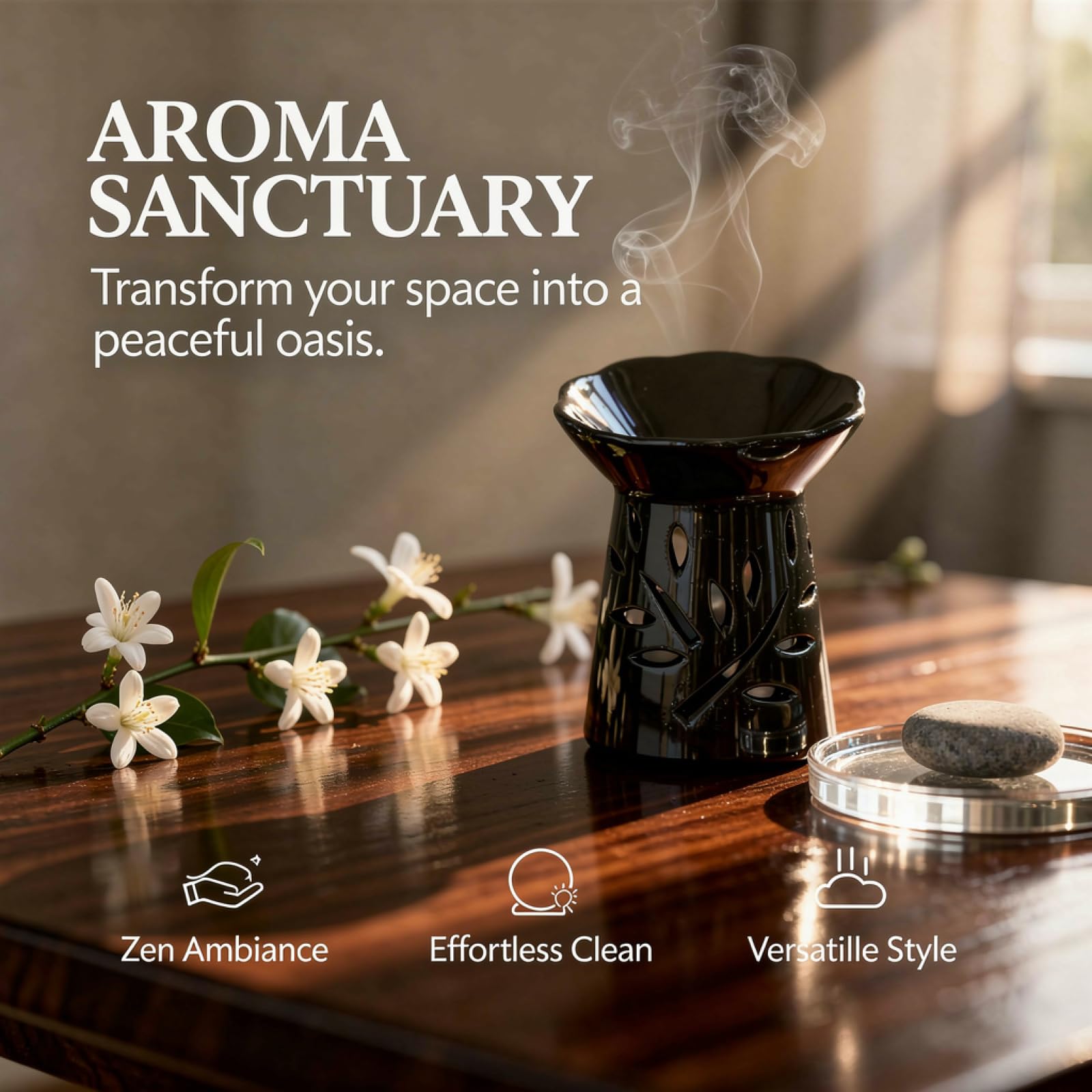 Keramik-Ölbrenner, schwarzer Wachs Brenner mit Blütenausstanzungen, Duftlampe für ätherische Öle, Kerzenhalter für romantische Stimmung, für Home Spa, Büro, Meditation und Zuhause, 8 x 8 x 9,5 cm