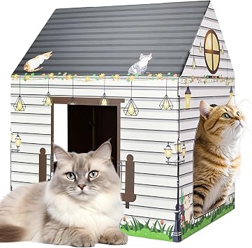 Cardboard Cat House with Scratcher 16"x 13"x19" Cat Scratch House for Indoor Cats Birthday Large Cat Scratcher Box