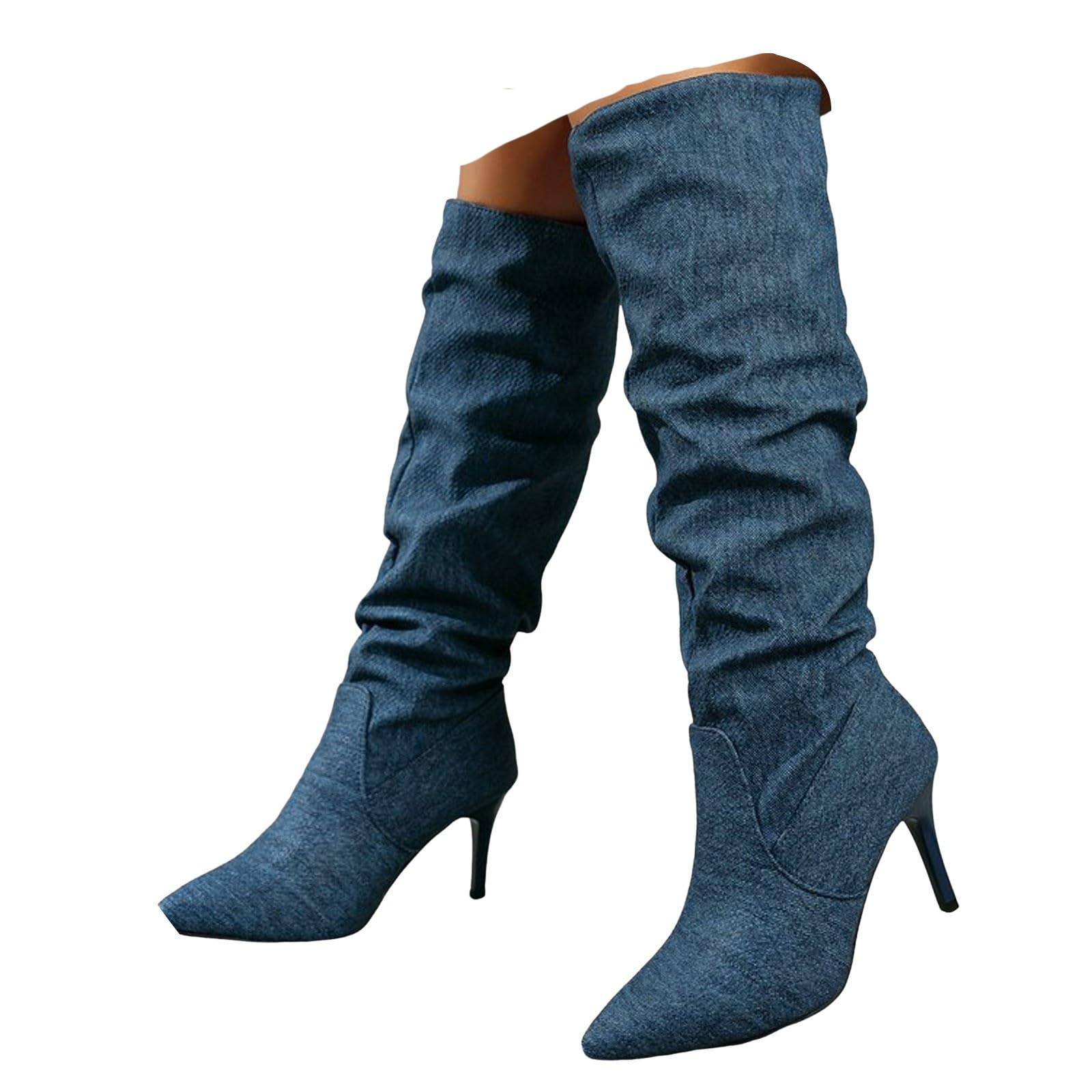 ZSpzx Women Knee High Boots Slouch Cloth Wide Calf High Heels Pointed Toe Solid Color Tall Booties Vintage