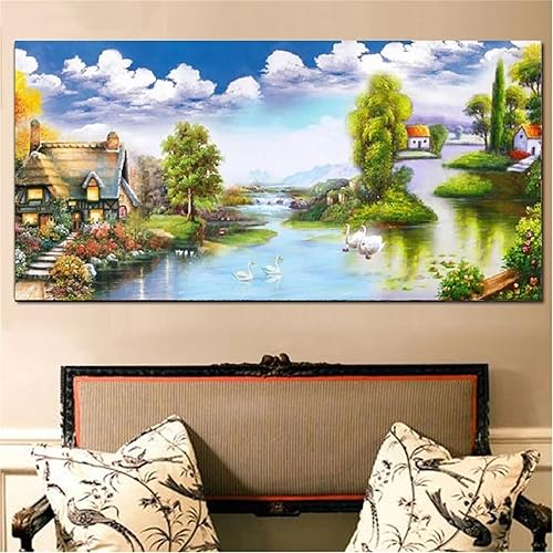 Pintura de diamantes de imitación árbol de lago de pueblo 6 kit de arte de diamantes grandes 5D para adultos bordado redondo pintura de diamantes de