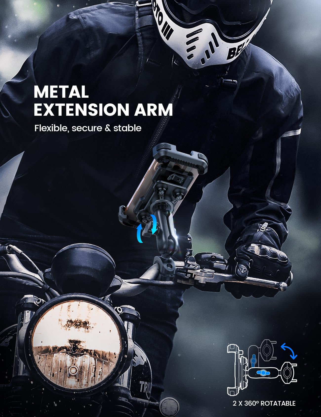 Lamicall Support Téléphone Moto - [Antivol] [Double Anti-Vibration] Bras Extension Métal, Support Téléphone Vélo, 2 x 360° Pivotant Support pour Guidon, pour iPhone 17 16 15 14 et 4,7-6,8" Smartphone - 3