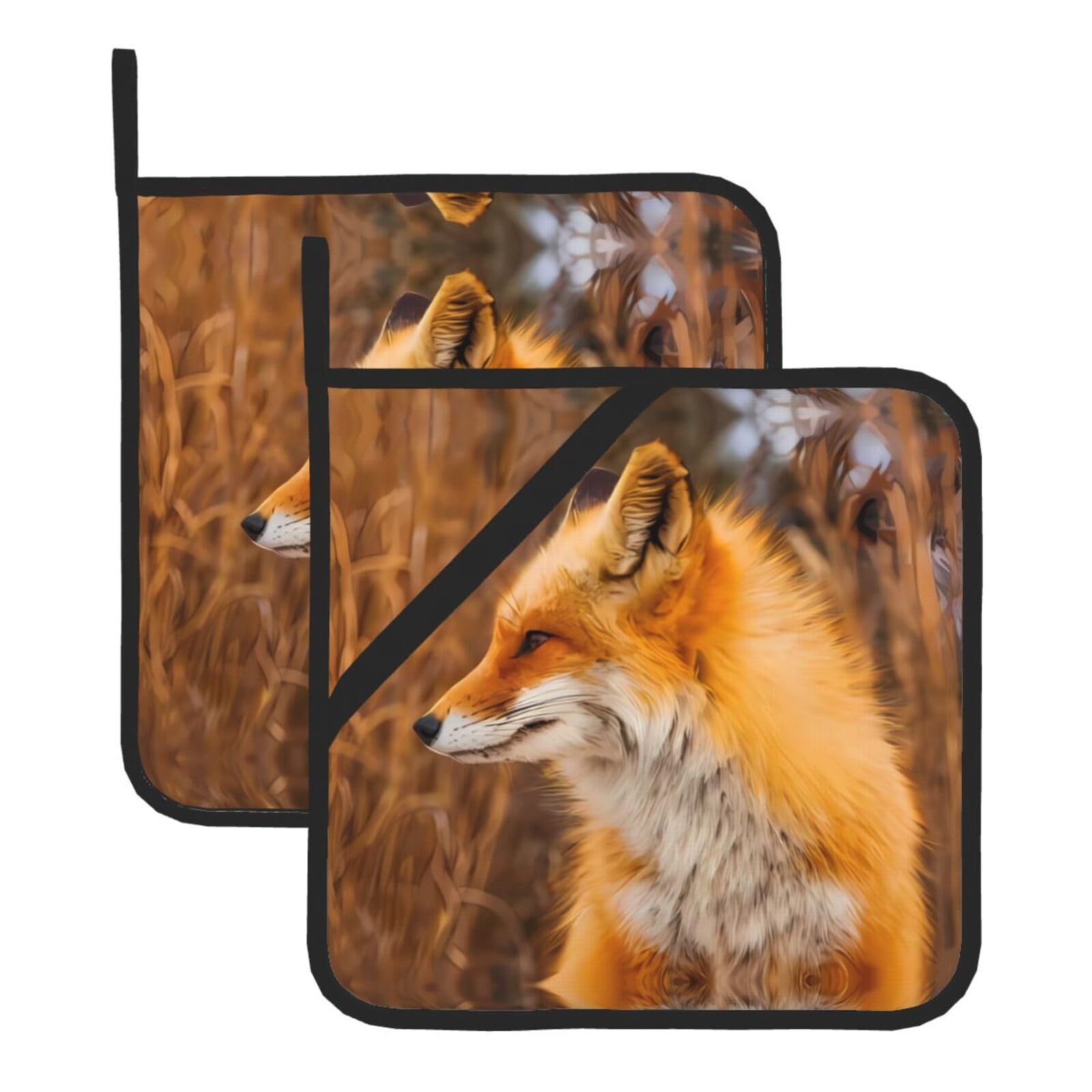 WHJSHOP Fox Prints Square Pot Holders - Waterproof Heat Resistant Kitchen Throw Pads for Hot Bowls & Dishes, Durable Oven Mitt Layers with Hanging Loop - Set of 2