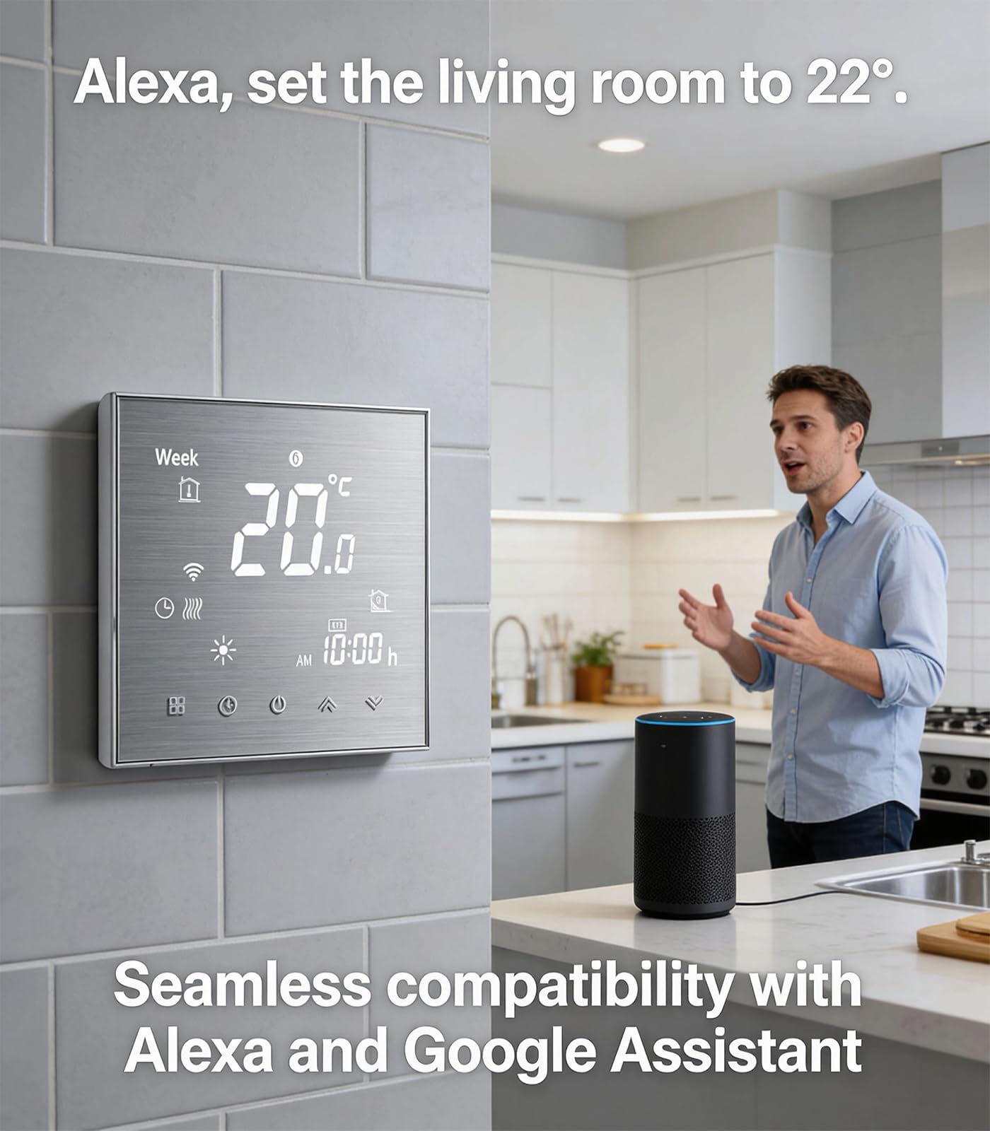 Termostato WiFi 5A 220V Agua LCD programable Alexa Google Home | Pantalla LCD inteligente con panel cepillado, regulación automática para calefacción de agua