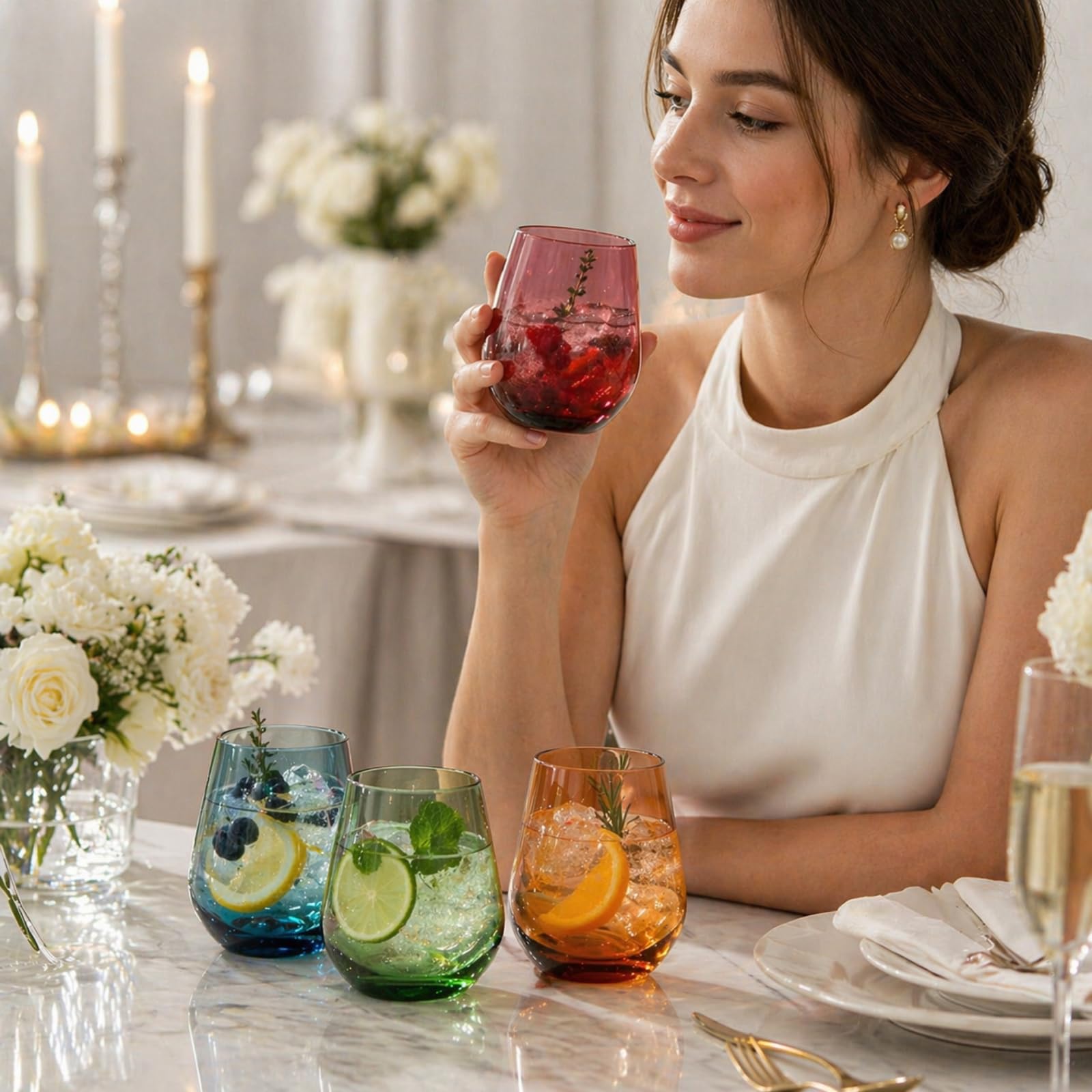 Tritan - Copas de vino de plástico sin BPA, inastillables, sin tallo, juego de 4, vasos de vidrio acrílico, colores irrompibles, reutilizables, aptas para lavavajillas, cristalería multiusos de 15