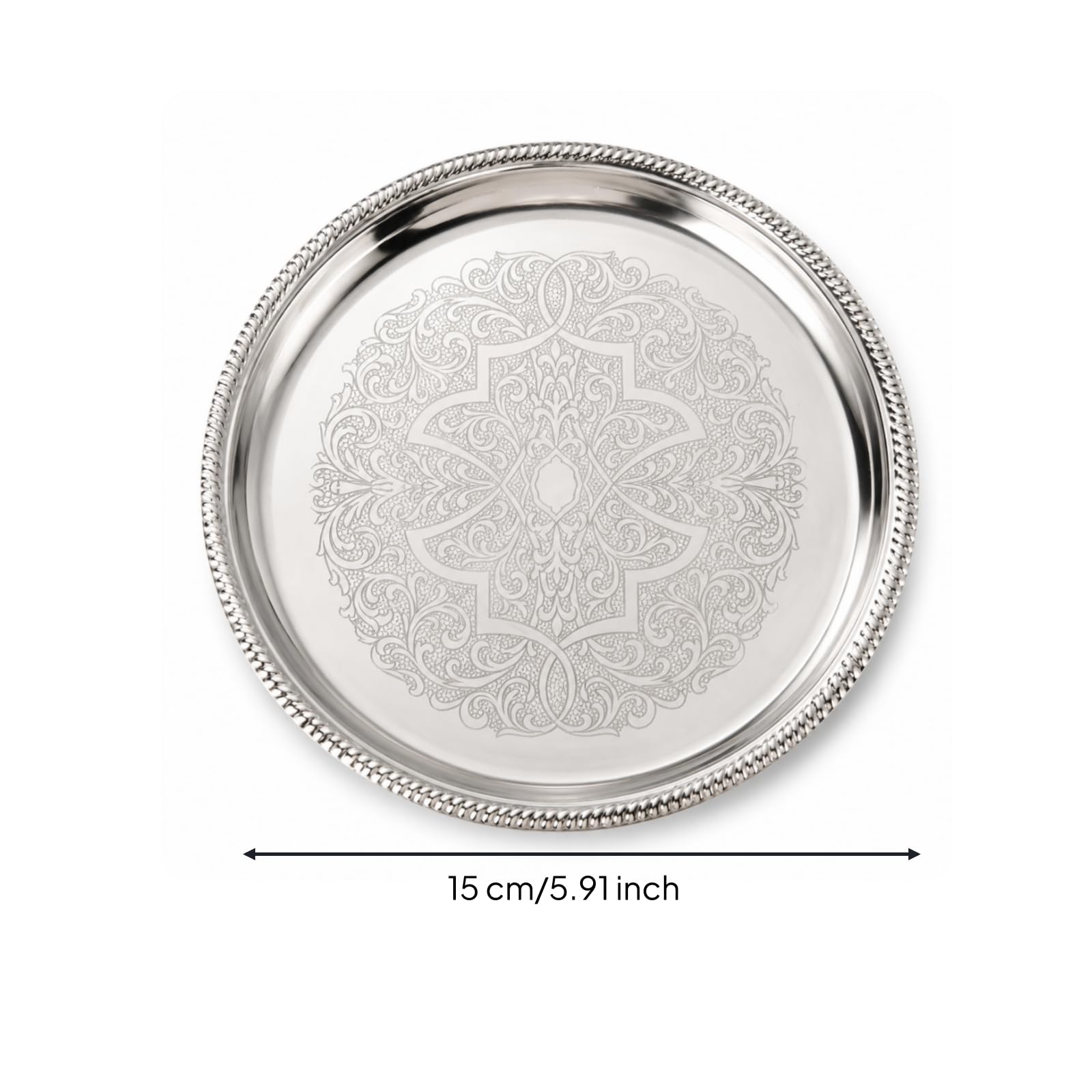 Sottobicchiere Barocco Argento Sottotazza Piatto Tondo Sottobottiglia in Acciaio Inossidabile con Bordo Decorativo Che Trattiene Gocce E Calore Adatto, 15 Cm, style to 4