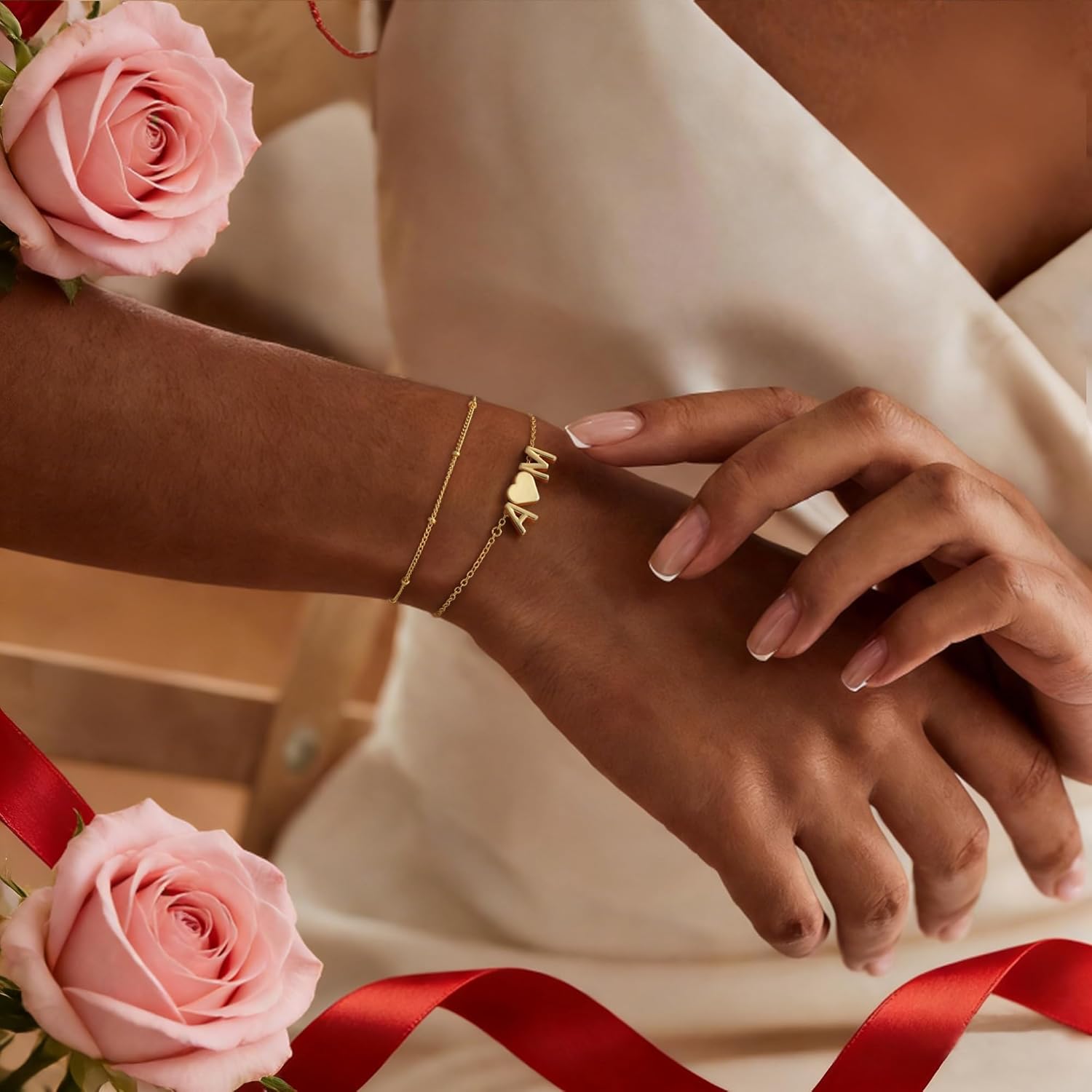 Turandoss 2 Initial Heart Bracelets for Women – Dainty Layered 14K-Gold-Plated Heart Letter A-Z Charm Bracelets, Birthday Gifts for Women Girls Mom Daughter Jewelry - Image 5