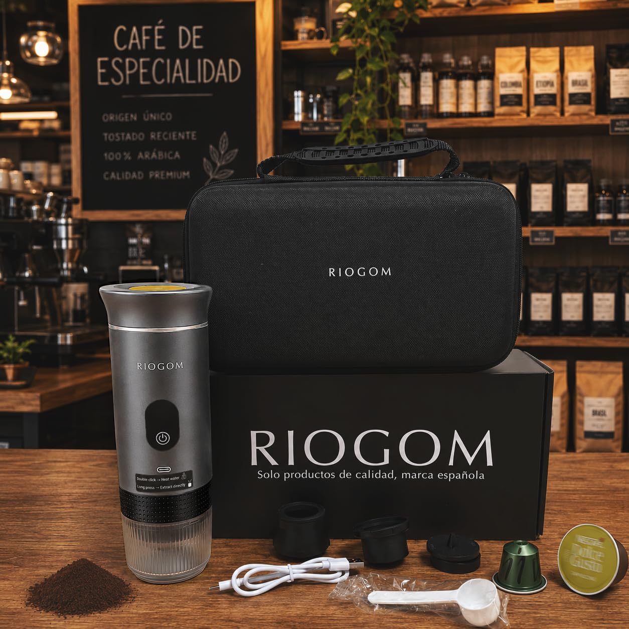 Cafetera Portátil de Capsulas 3 en 1 Outin 20v Usb-C + Estuche rígido, Compacta, Ligera Y Recargable, Ideal para Tomar Cafe Caliente en Camping, Coche, camion Oficina (Gris)