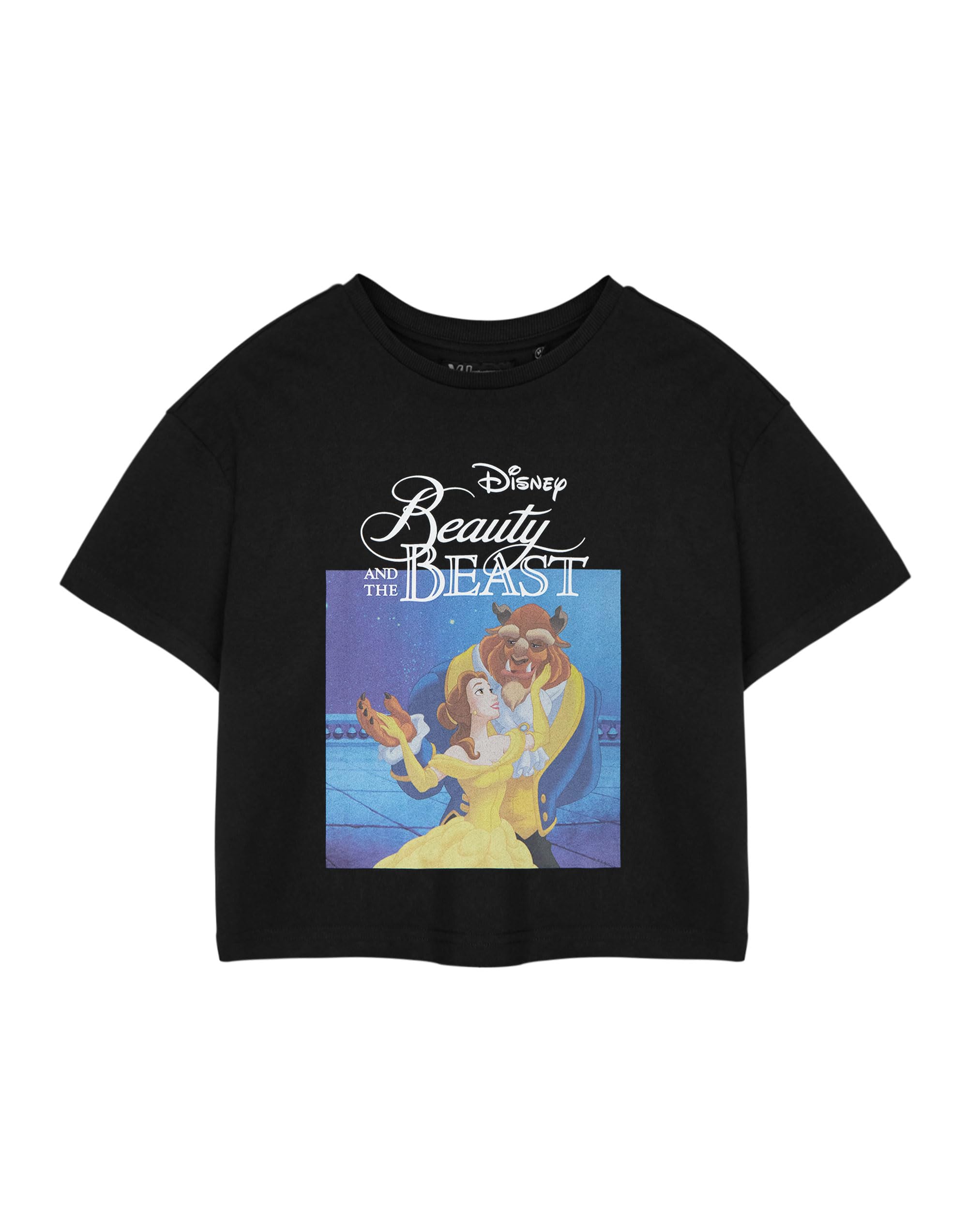 Disney Princess Womens Black Cropped Short Sleeve T-Shirt | Beauty & The Beast Graphic Tee Womens Black Top for Ladies | Short-Sleeved Apparel for Her | Movie Merchandise Gift