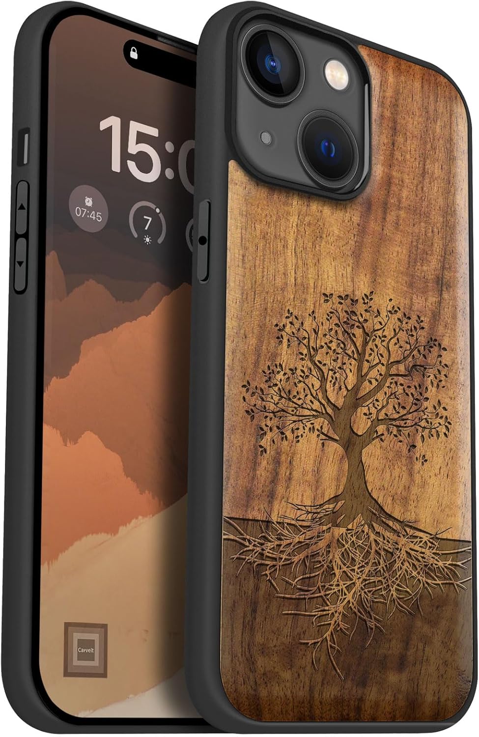 Carveit Magnetic Wooden Case for iPhone 15 Case, Compatible with MagSafe Wireless Chargers, Black Soft TPU Shockproof Cover & Wood Artisan Engraved (Tree with Roots) - Walnut
