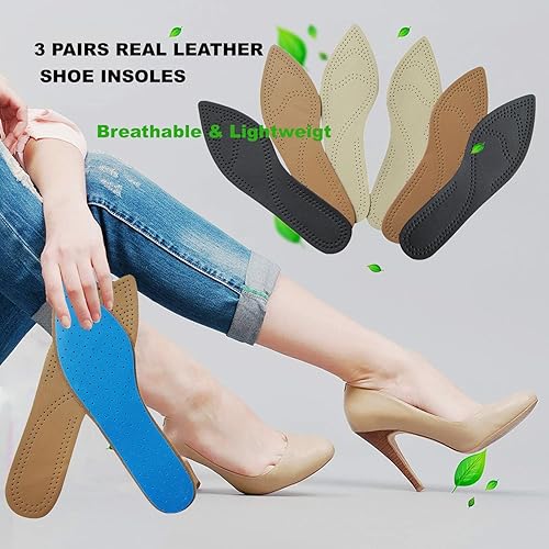 Miniatura 4 de Bellcon 3 pares de plantillas de cuero para mujer, tacones altos, plantillas de cuero negro, marrón y beige, plantillas de cuero para zapatos de
