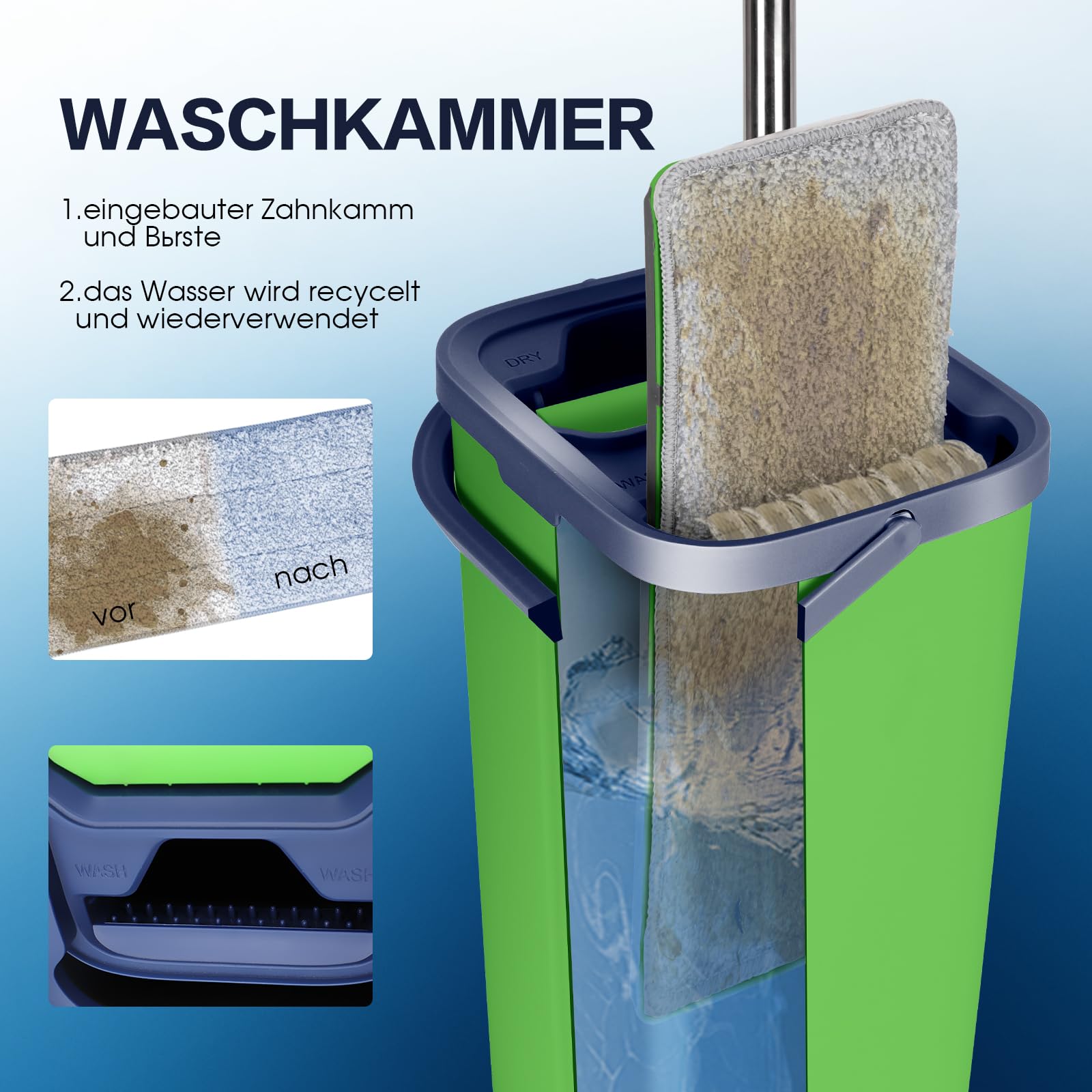 Masthome Wischmopp Set mit Eimer,138CM Wischmopp mit Auswringfunktion, Putzeimer mit Wischmop aus Edelstahl Griff und 5 Mikrofaser Pads,Flacher Bodenwischer Set alle Arten von Böden-Grüner