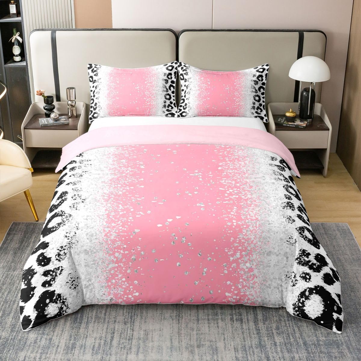 jejeloiu Ombre Pink 100% Cotton Duvet Cover Full Size Pink Black Leopard Glitter Comforter Cover Bling Shiny Fashion Bedding Set(No Glitter)(No Comforter)