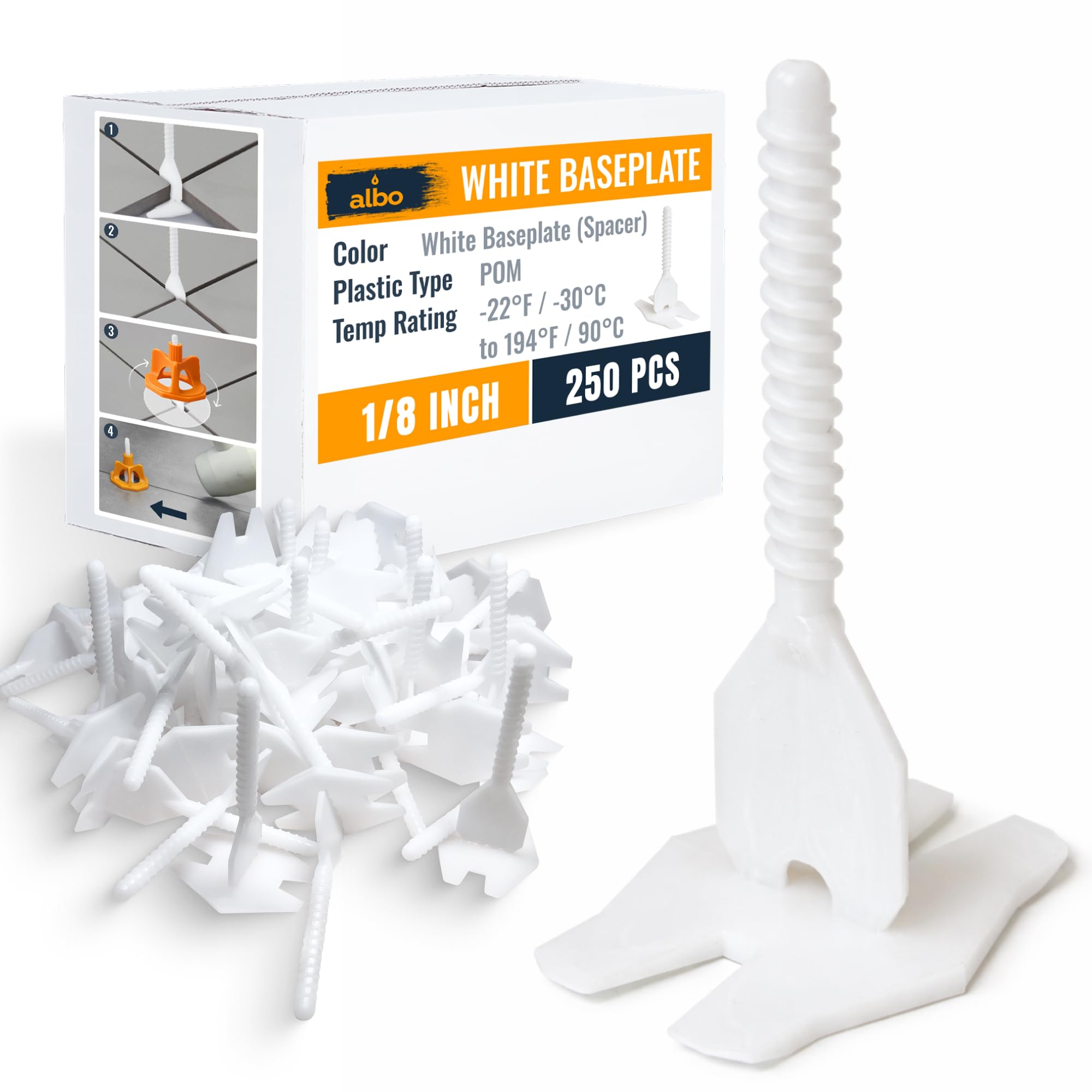 Photo 1 of ALBO Tile Leveling System Base Plates 1/8" - 250 PCS - Professional Floor & Wall Spacers, Anti-Lippage Installation Clips for All Tile Formats, Self-Leveling Spacer System nova