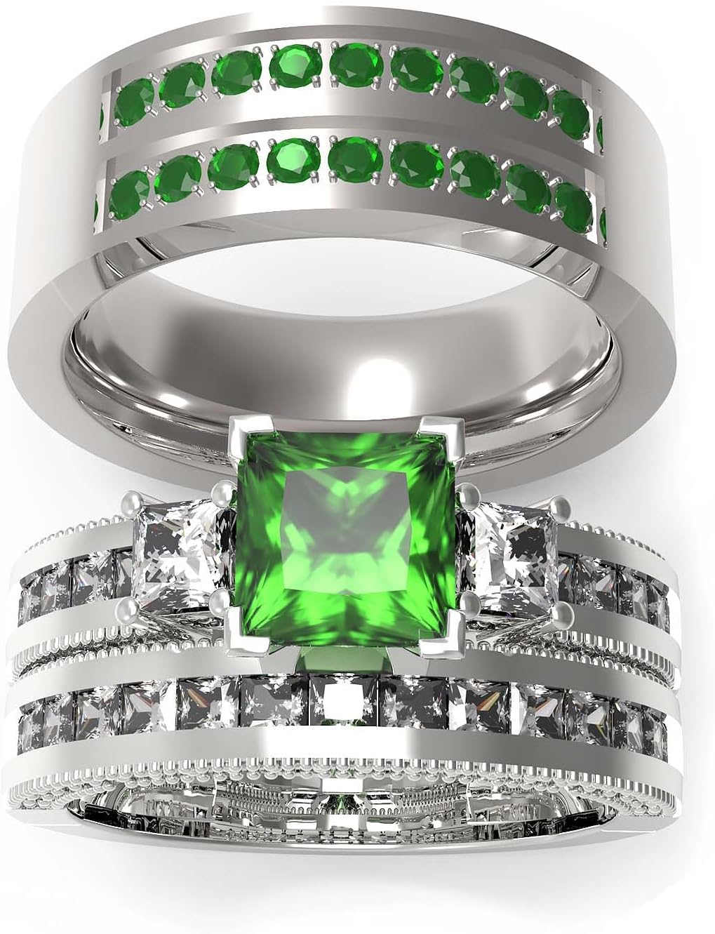 TWO RINGS Wedding Ring Sets His And Hers Promise Ring Couples Bridal Sets Women 925 Sterling Silver square Cz Man Stainless Steel Brushed Finished Wedding Bands