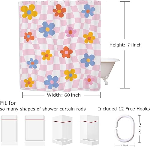 Miniatura 3 de Yookeb Cortina de ducha de baño a cuadros pastel rosa de 60 pulgadas de ancho por 71 pulgadas de alto, lindo Y2K a cuadros para niñas de los años 70