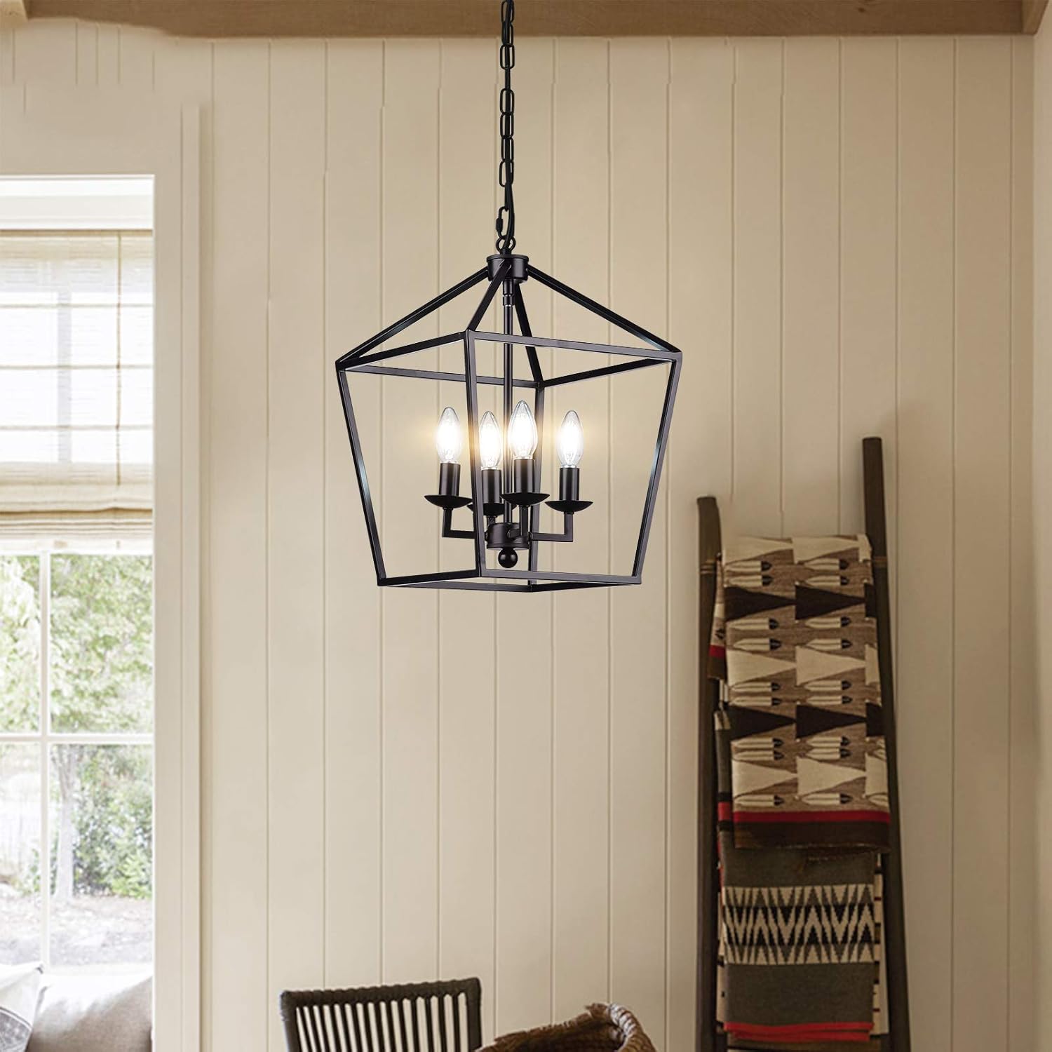 Crаzу Clеаrаnсе HUESLITE Farmhouse Chandelier, Vintage Foyer Lantern, 4 Light Pendant Light for Kitchen Island (Black)