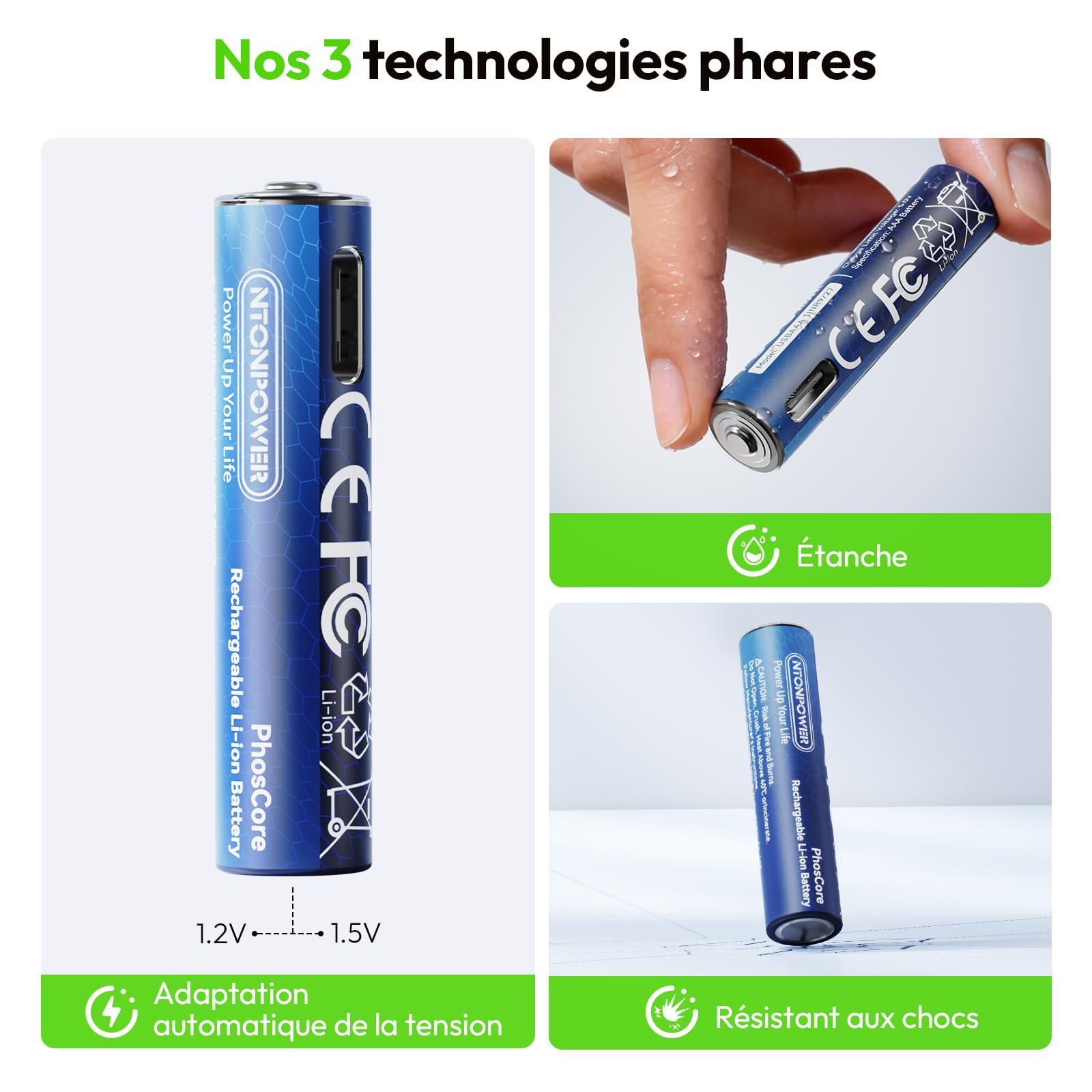 NTONPOWER Piles Lithium AAA 1,5 V 500 mWh, Rechargeables USB-C avec câble, Lot de 4, pour Lampe Torche