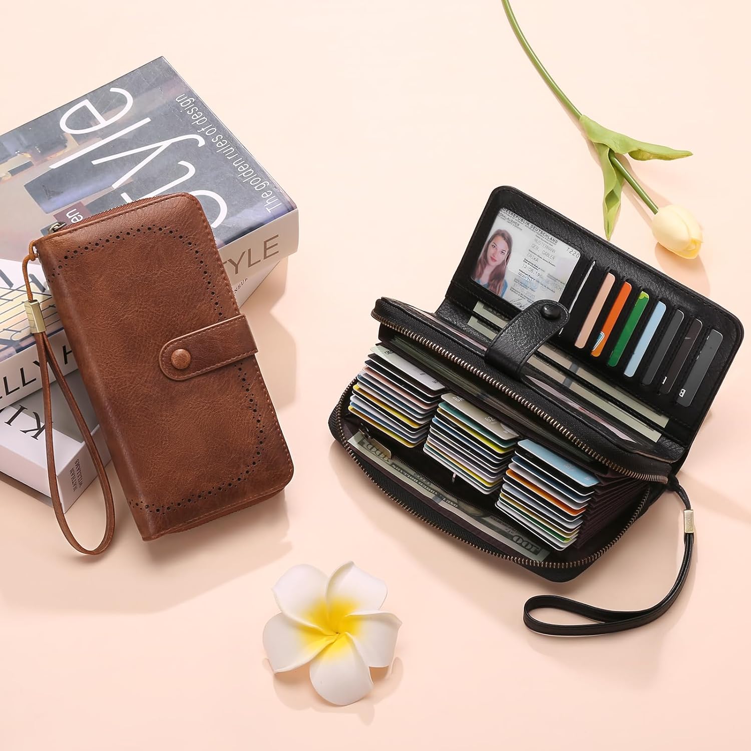 GAEKEAO Leather Credit Card Holder Wallet for Women RFID Blocking Large Capacity Bifold Zipper Card Case Organizer with Wristlet 45 Slots - Image 6