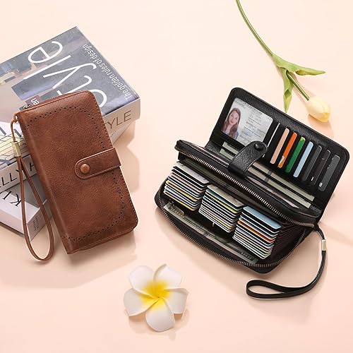 Miniatura 6 de GAEKEAO Leather Credit Card Holder Wallet for Women RFID Blocking Large Capacity Bifold Zipper Card Case Organizer with Wristlet 45 Slots