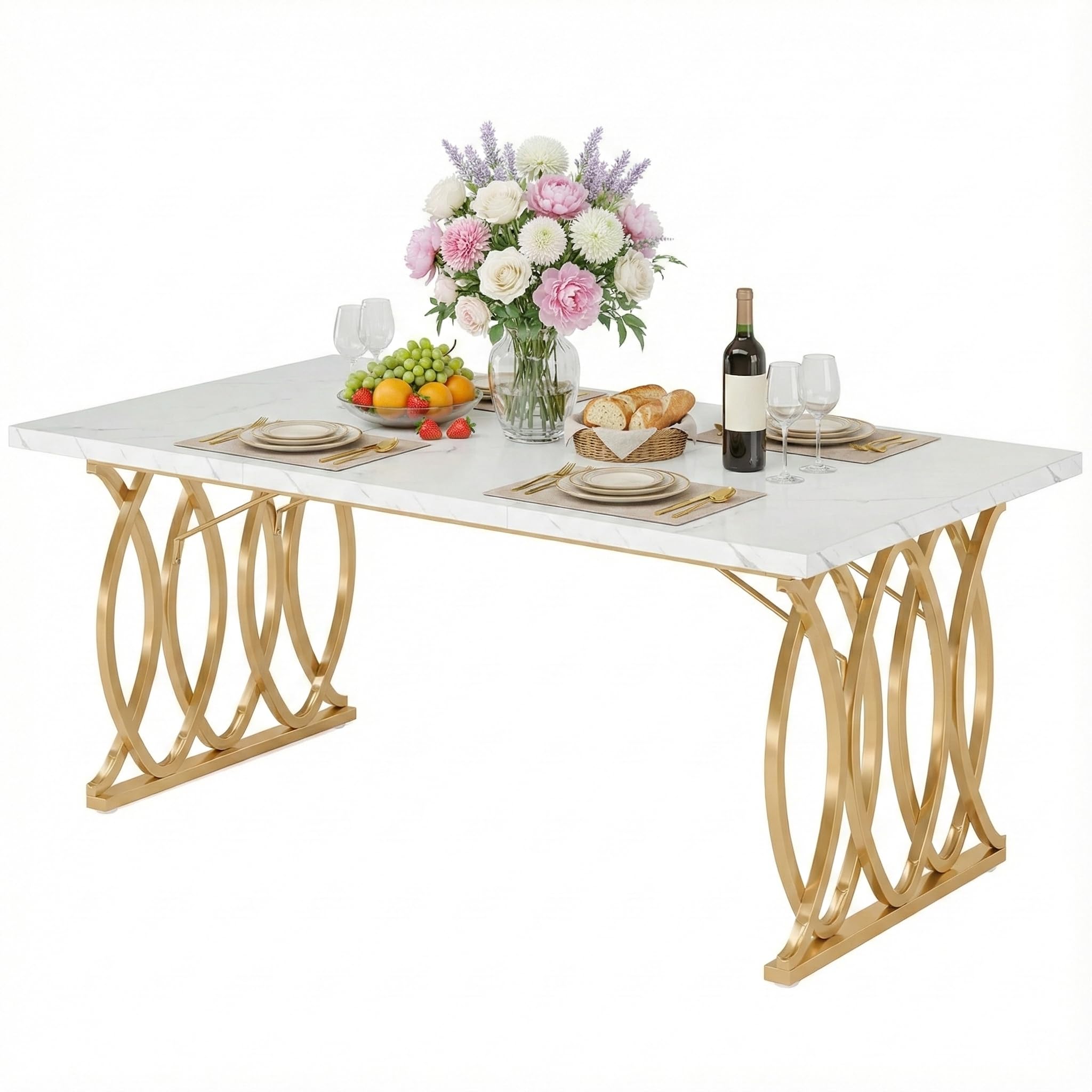 Lailang 160cm Tavolo da Pranzo, Mobili Soggiorno, Angolo Caffe Cucina, Tavolo Effetto Marmo, Tavolo Ufficio Riunioni, 160 x 80 x 75 cm, Bianco e Oro