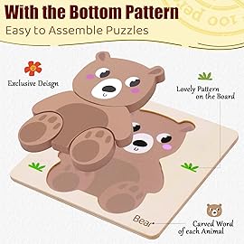 Wooden Puzzles for Toddlers 1 2 3 Year Old Animals Shape Puzzle Toys for Travel Airplane Gift for Kids Montessori Early Development Gifts for Baby Boys Girls with Drawstring Bag Pack of 4