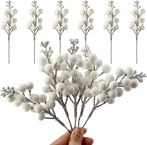 Vista 33 de Crafare Paquete de 24 tallos de bayas con purpurina de Navidad artificiales para relleno de árbol de Navidad, coronas, manualidades, decoración