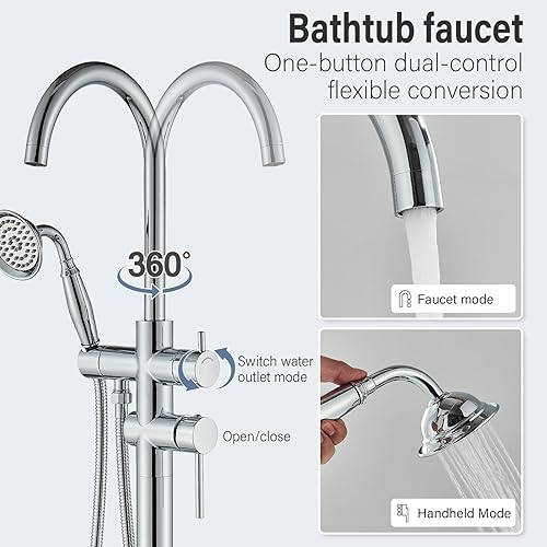 Miniatura 2 de Grifo de bañera de montaje en el suelo, relleno de bañera independiente, acabado cromado, grifo de ducha giratorio de alto flujo con grifos