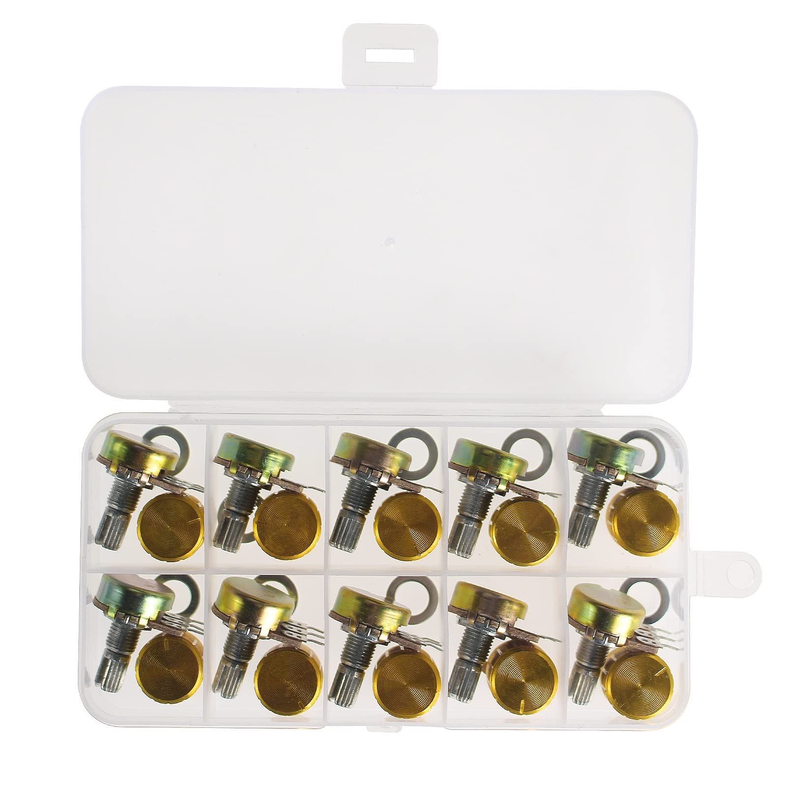 Confezione da 10 potenziometri WH148 con pomello in lega di alluminio dorato, 15 mm, 3 pin, 5 K, 10 K, 20 K, 50 K, 100 K, 250 K, 1 m, kit potenziometro (5 K Ohm)