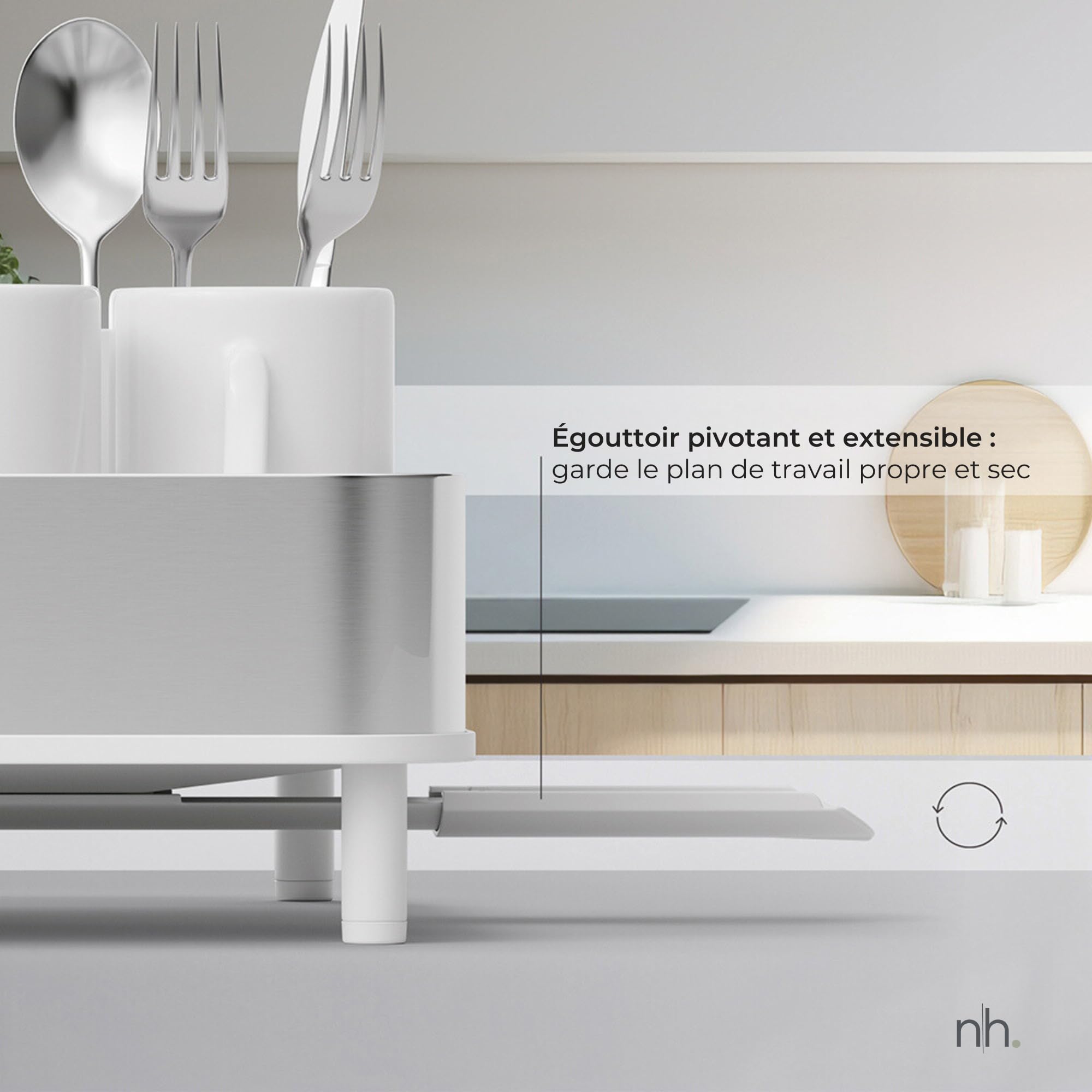 Égouttoir à Vaisselle Extensible INOX pour Évier, Blanc | Égouttoir vaisselle inox extensible 40,7-52 cm, bec d'évacuation pivotant, grande capacité, porte-couverts amovible