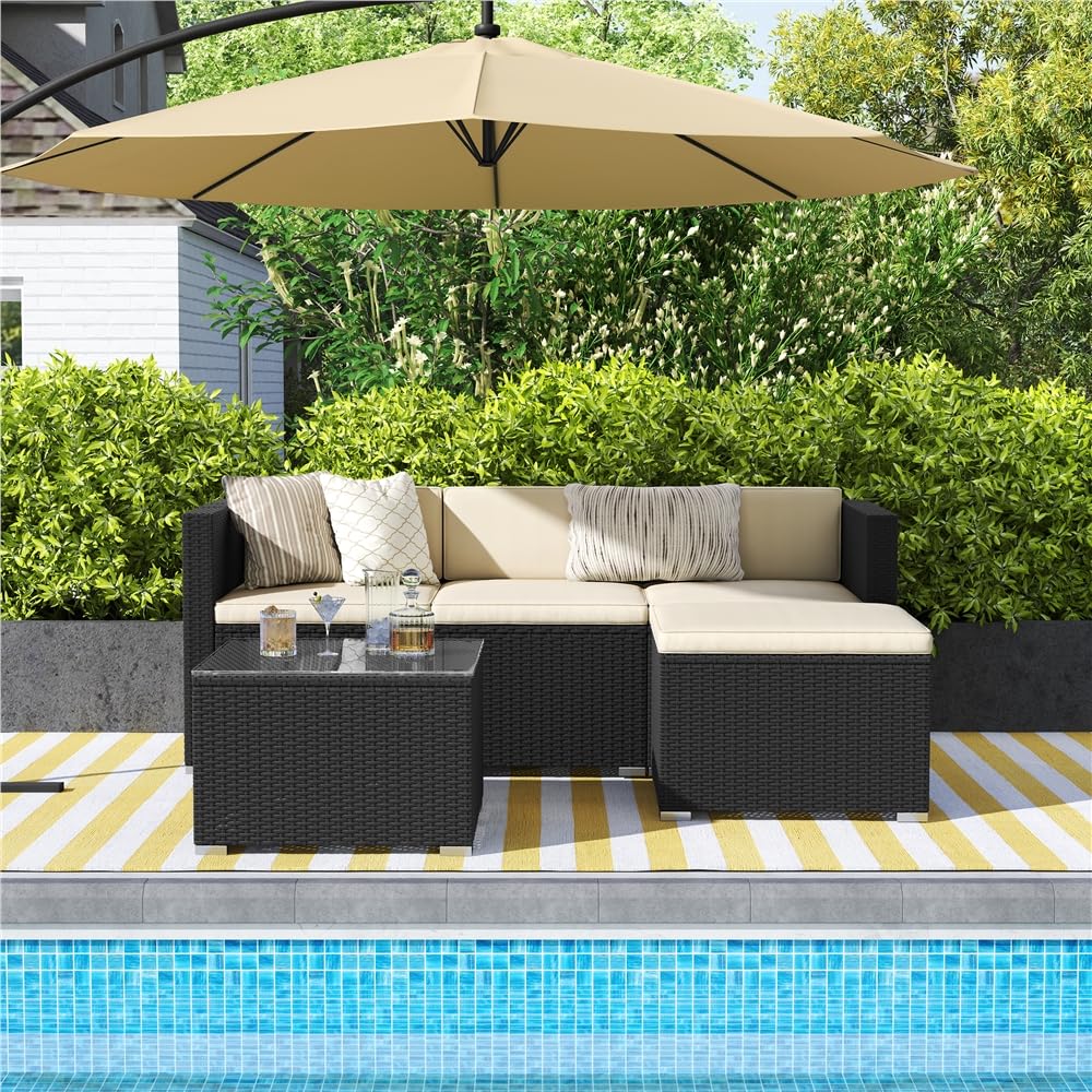 Yaheetech 5 Pezzi Set Mobili da Giardino Rattan PE con Cuscini Tavolo Laterale Nero Beige