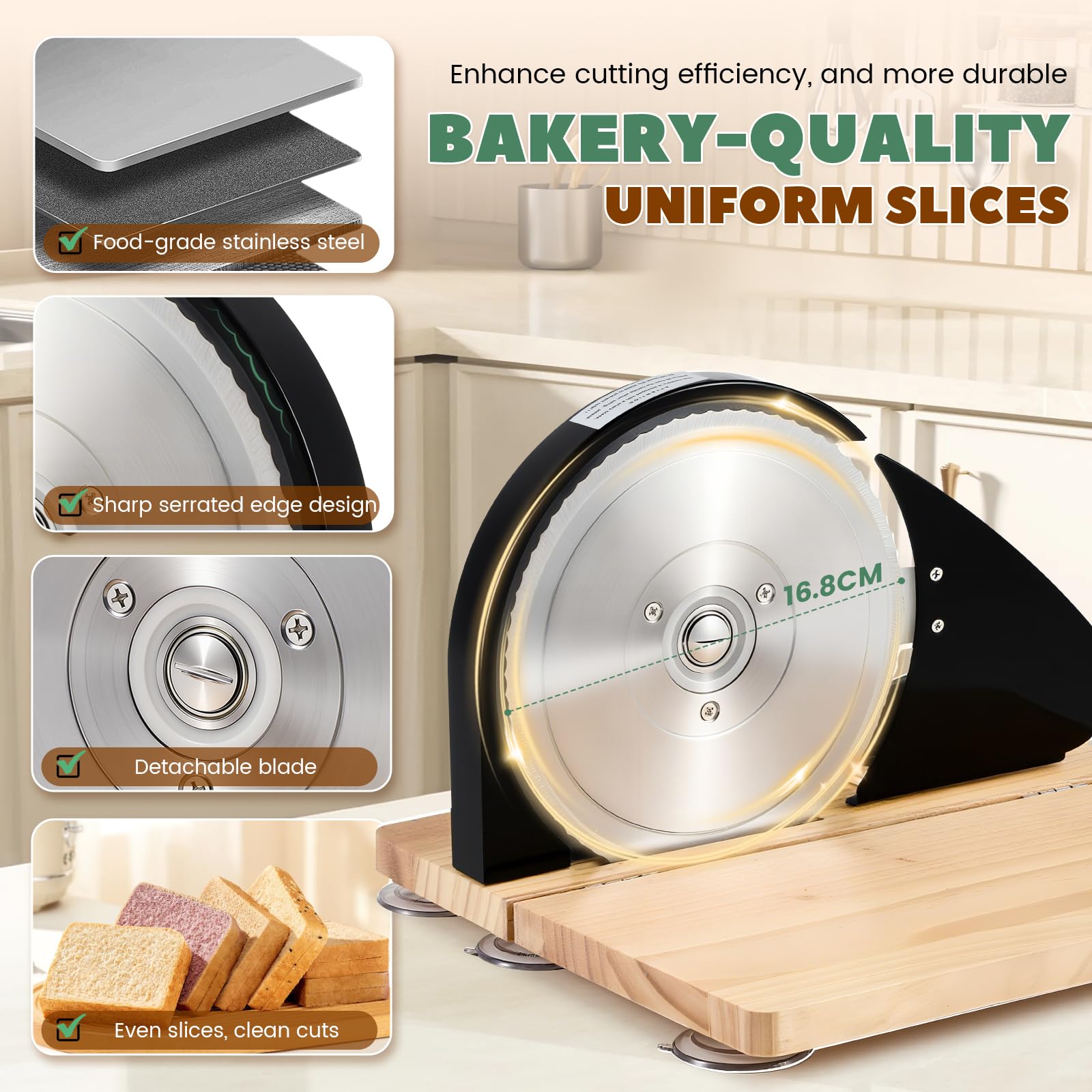 Huanyu Affettatrice manuale per pane con spessore regolabile da 0 a 2 cm Affettatrice pieghevole per pane a lievitazione naturale con ventose (Nero)
