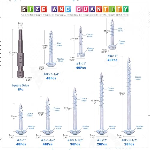 Miniatura 9 de Glarks 160 tornillos de bolsillo #8 x 2-12 pulgadas, con revestimiento de zinc, tornillos de madera de rosca gruesa autorroscantes para madera y