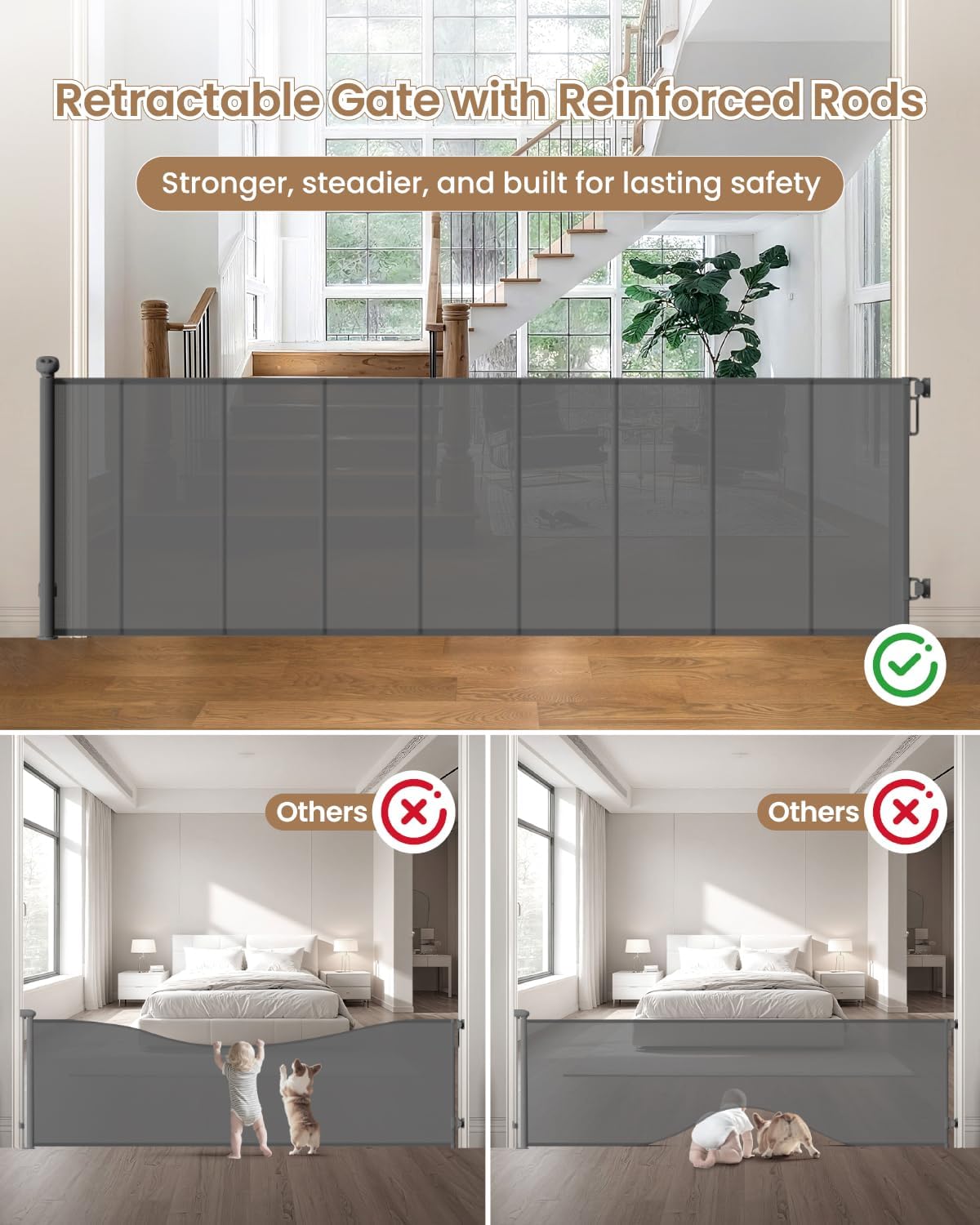 Retractable Baby Gate Extra Wide, 100" Wide Anti-Sagging Pet Gate with 8 Support Rods, 34" Tall Scratch-Resistant Extra Long Dog Gate for Large Openings, Doorways & Open Spaces, Gray