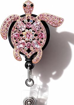 Pink Turtle Badge Holder, Bling Badge Reel Retractable for Women Nurse Teacher, Personalized id Badge Clip on Name Card, Swivel Alligator Clip Badge