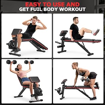Foldable Workout Bench, Adjustable Weight Bench with Leg Extension, Preacher Pad, Extended Headrest, Collapsible Bench for Home Gym Full Body Workout Strength