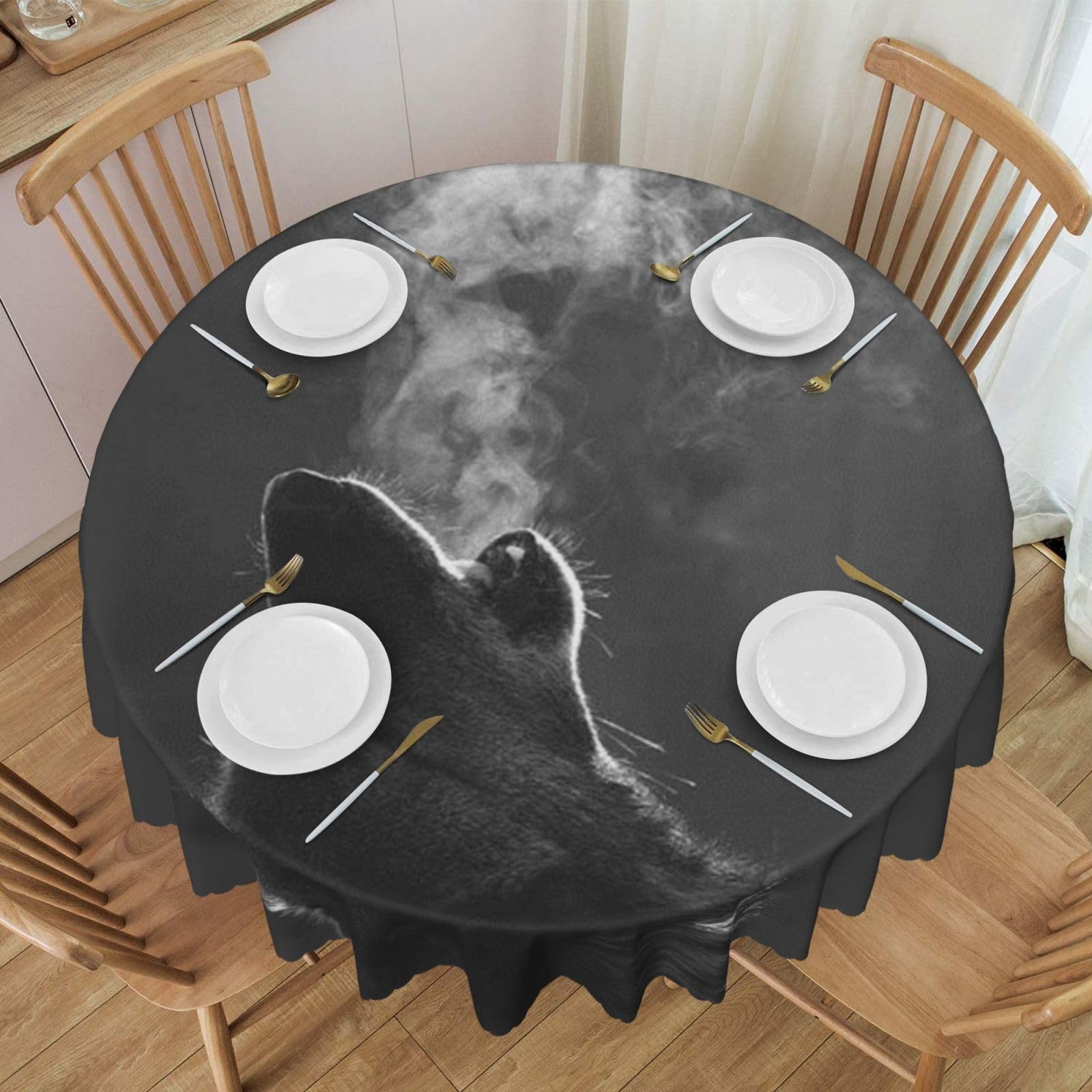 DCEHGEW 60 In Round Tablecloth with Lace, Winter Wolf Printed Oilproof & Washable Fabric Picnic Table Cloth Table Covers
